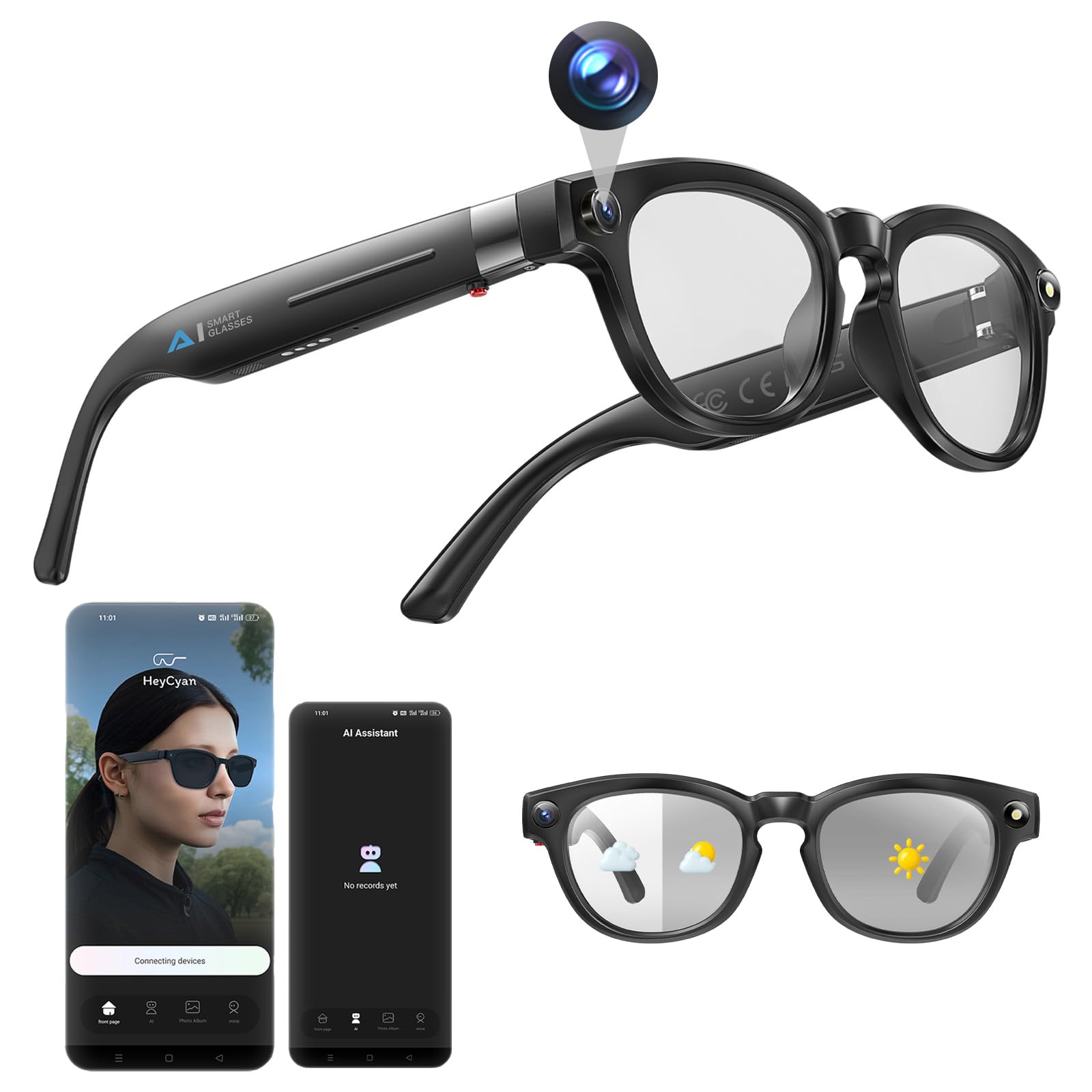 Smart Camera Glasses with ChatGPT Translation 1080P Photos Video Recording Holiday Memories Color-Change Camera Sunglasses for Men Women