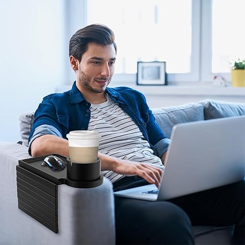 Miniatura 6 de Bandeja portavasos para sofá aisongdong - Bandeja de brazo de sofá 3 en 1 con soporte de taza giratorio 360 y soporte para teléfono, se ajusta a