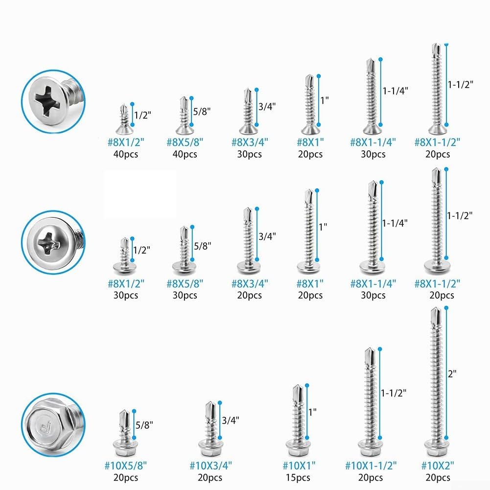 425PCS 410Stainless Steel Vite autoperforante, testa svasata Pan Head Hex Head Autofilettanti Auto-foratura Viti Set