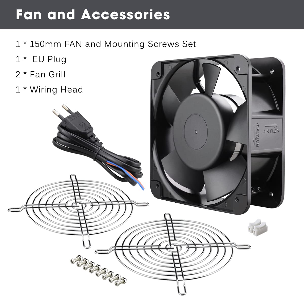 GDSTIME Ventilatore 150 mm 220 V 150 x 50 Ventilatore 220 V con cuscinetto a sfera | Ventilatore 220 V 150 mm Potente Ventilatore assiale 201 CFM AC Fan 230 V Telaio metallico per PC Raffreddamento Ventilazione