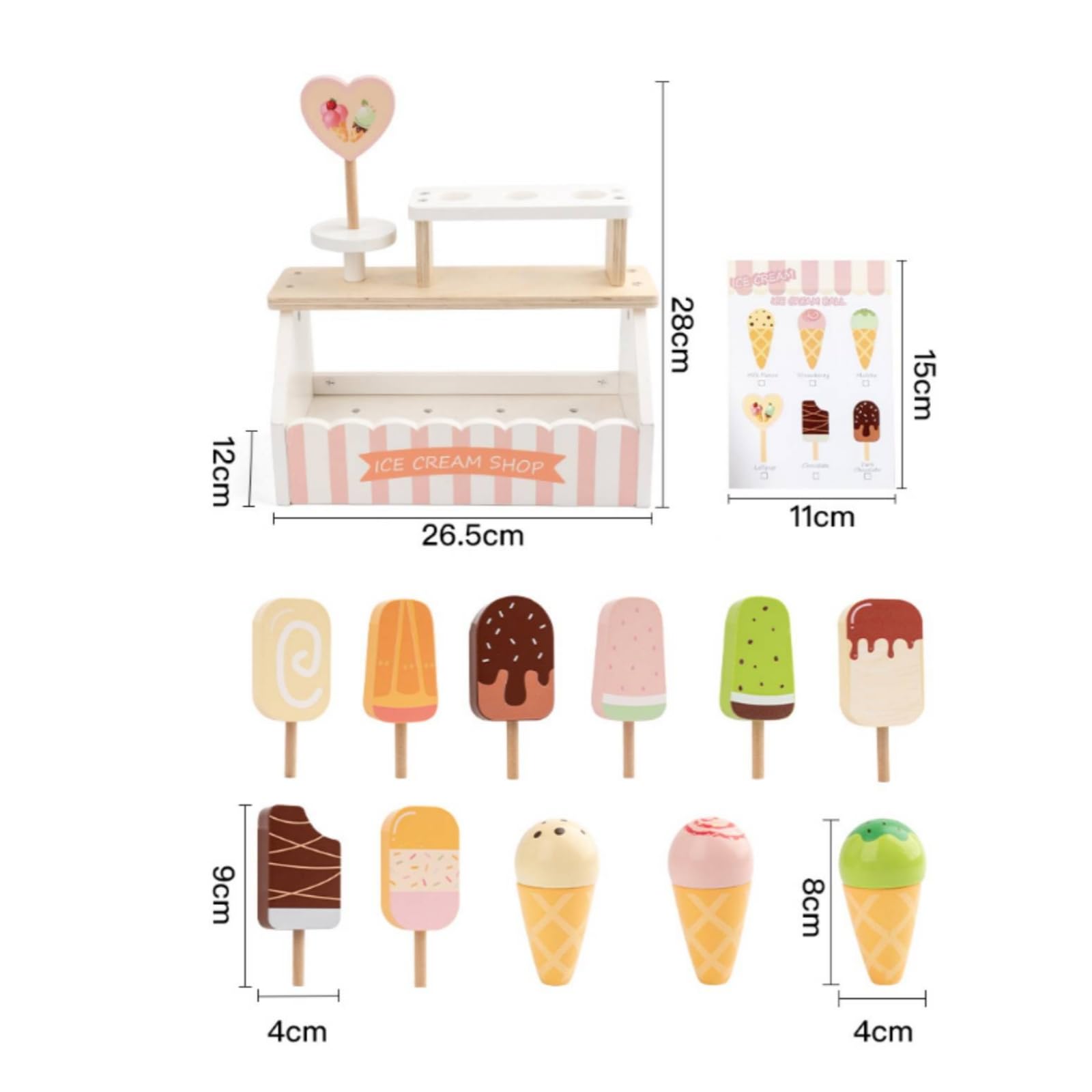 Banco Gelateria Bambini Gioco Stand Negozio Banco Vendita Chiosco Gelati Set con Gelati in Legno E Lavagnetta Menu per Interazioni Cliente Adatto per Casa Asilo Regali