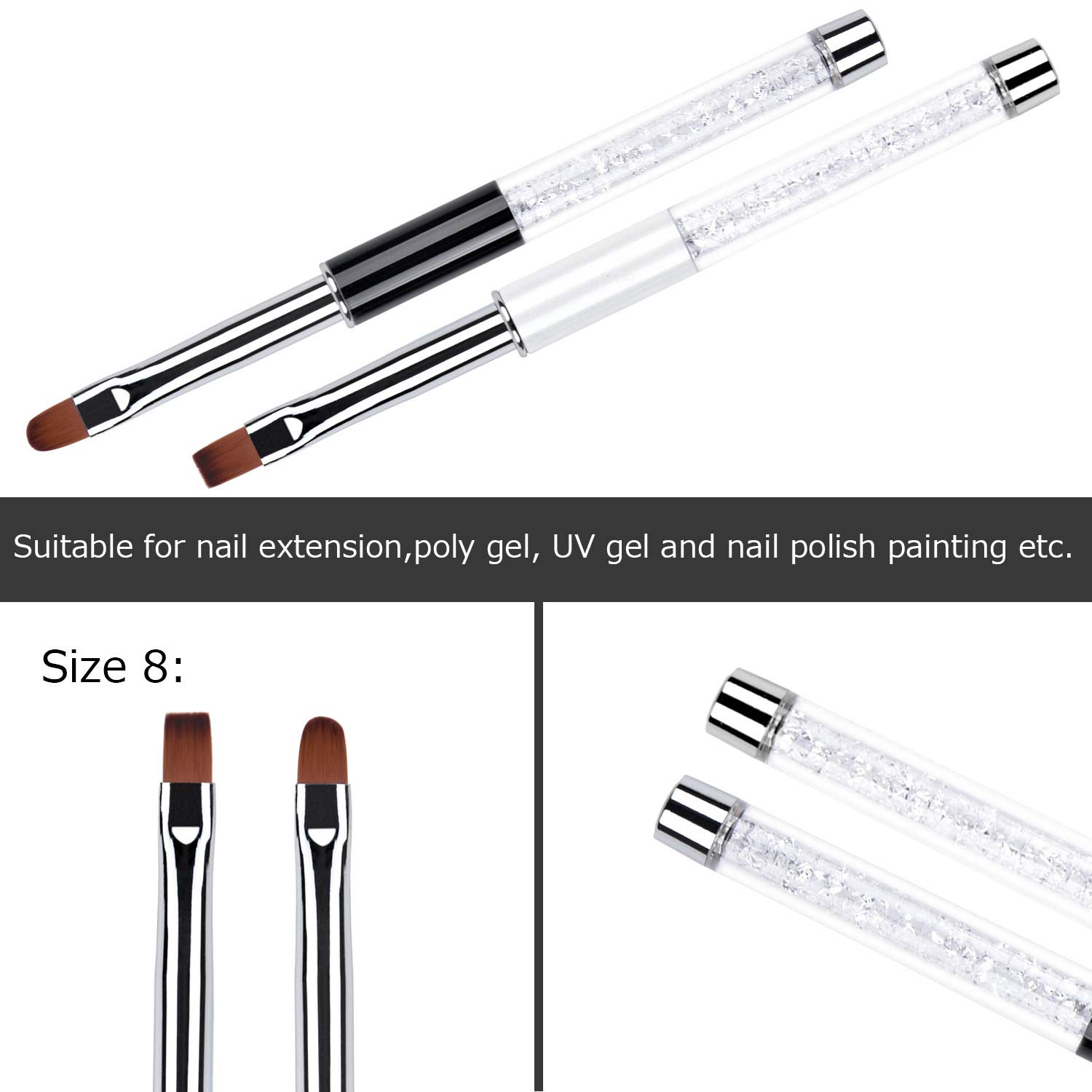 2Pcs Oval & Flat UV Builder Gel Nail Brush Set Rhinestone Handle Professional Nail Art Design Brushes for Polygel Hard Gel
