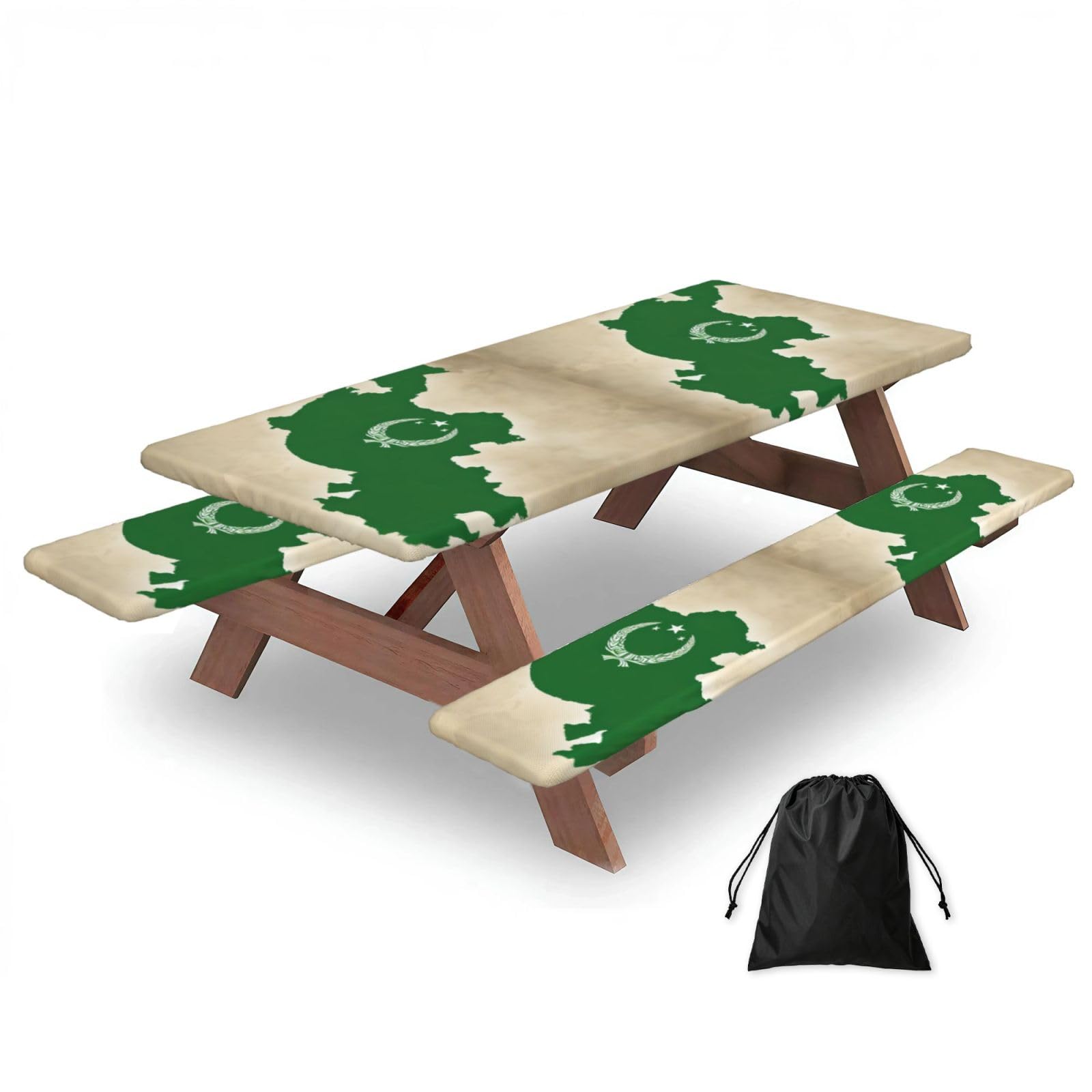 Duwaa Black Republic Of Uzbekistan Flag Map01 Print 183Cm Picnic Table Cover With Bench Covers, Waterproof Elastic Tablecloth Set For Outdoor