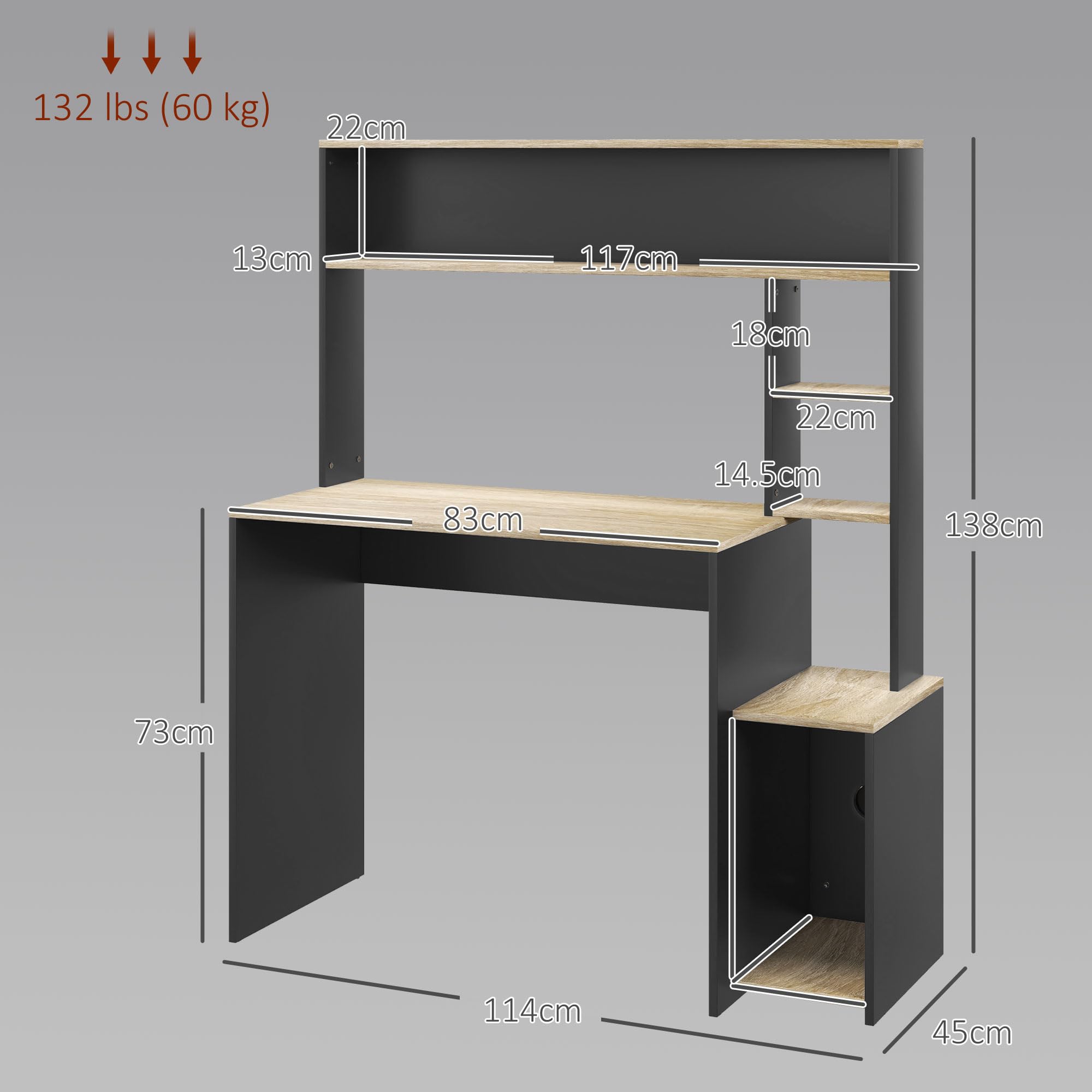 HOMCOM Scrivania per Ufficio e Studio con 3 Ripiani, Scrivania in Legno con Supporto per CPU, 114x45x138cm, Grigio e Legno Naturale