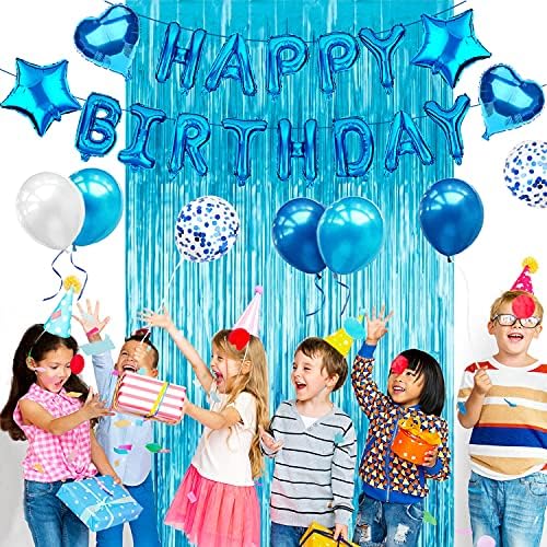 iZoeL Blue Birthday Decoration for Boys, Happy Birthday Banner, Foil Fringe Curtain Tablecloth, Heart Star Confetti Balloons with 10g Birthday Table Confetti for Baby Shower Men Kids