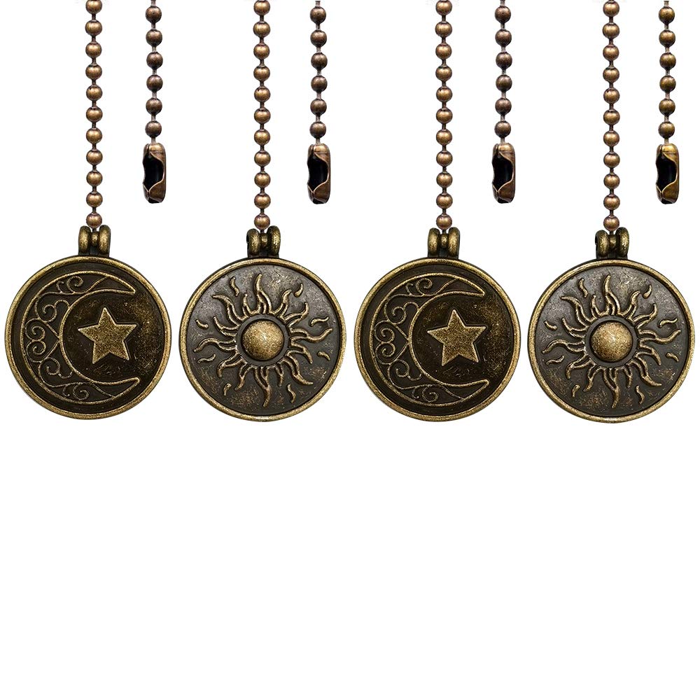 Copper Ceiling Fan Pull Chain Set, Decorative Totem Fan Pull Chain Pendant Extension, 12 Inches Lighting &amp; Fan Beaded Ball Chain Extender Ornament with Connector, Moon and Sun (4Pack)