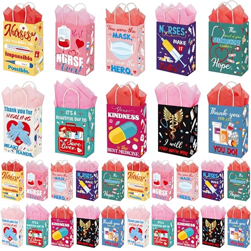 Supervitae 30 Pcs Nurse Gift Bags with Wrapping Paper Nurse Appreciation Week Stylish Medical Assistant Thank You Goodie Gift Bag for Doctor Healthcare Workers Day Party Supplies(Colorful)