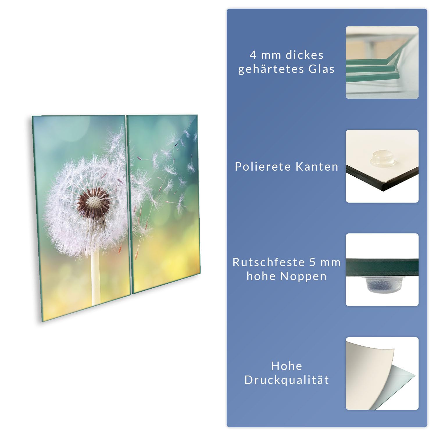 Herdabdeckplatte Abdeckung Ceranfeld Abdeckplatte Schneidebrett 2-Teilig 60x52 Pusteblume Weiss Mehrfarbig Spritzschutz Glasplatte Ceranfeldabdeckung Sicherheitsglas Glasschneidebrett 2x30x52