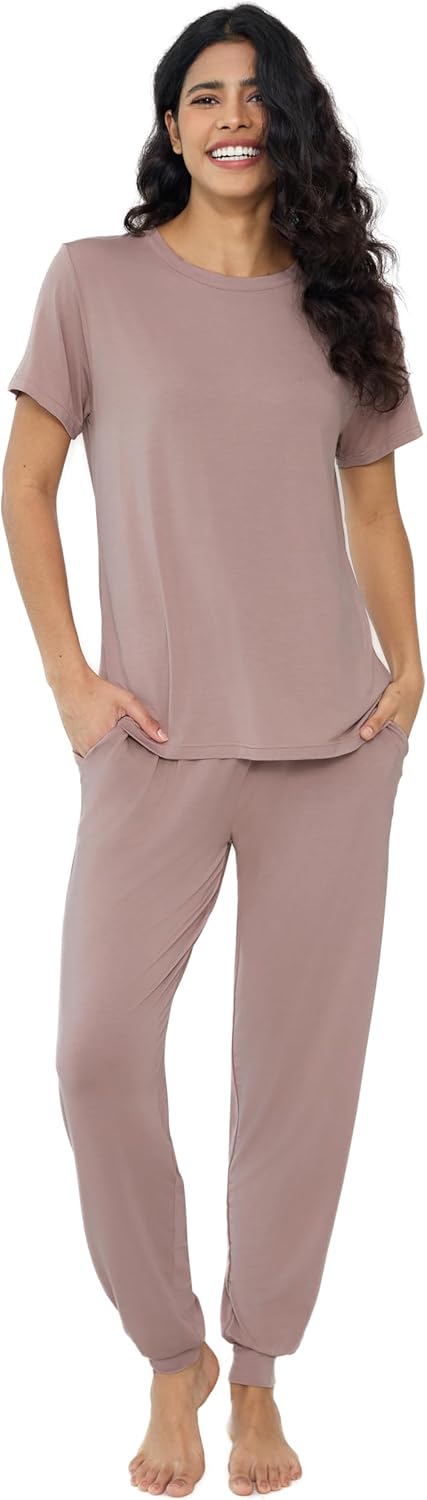 Joyaria Women Cooling Pajama Bamboo Viscose Sleepwear Short Sleeve Breathable Soft PJ Jogger Set Moisture Wicking