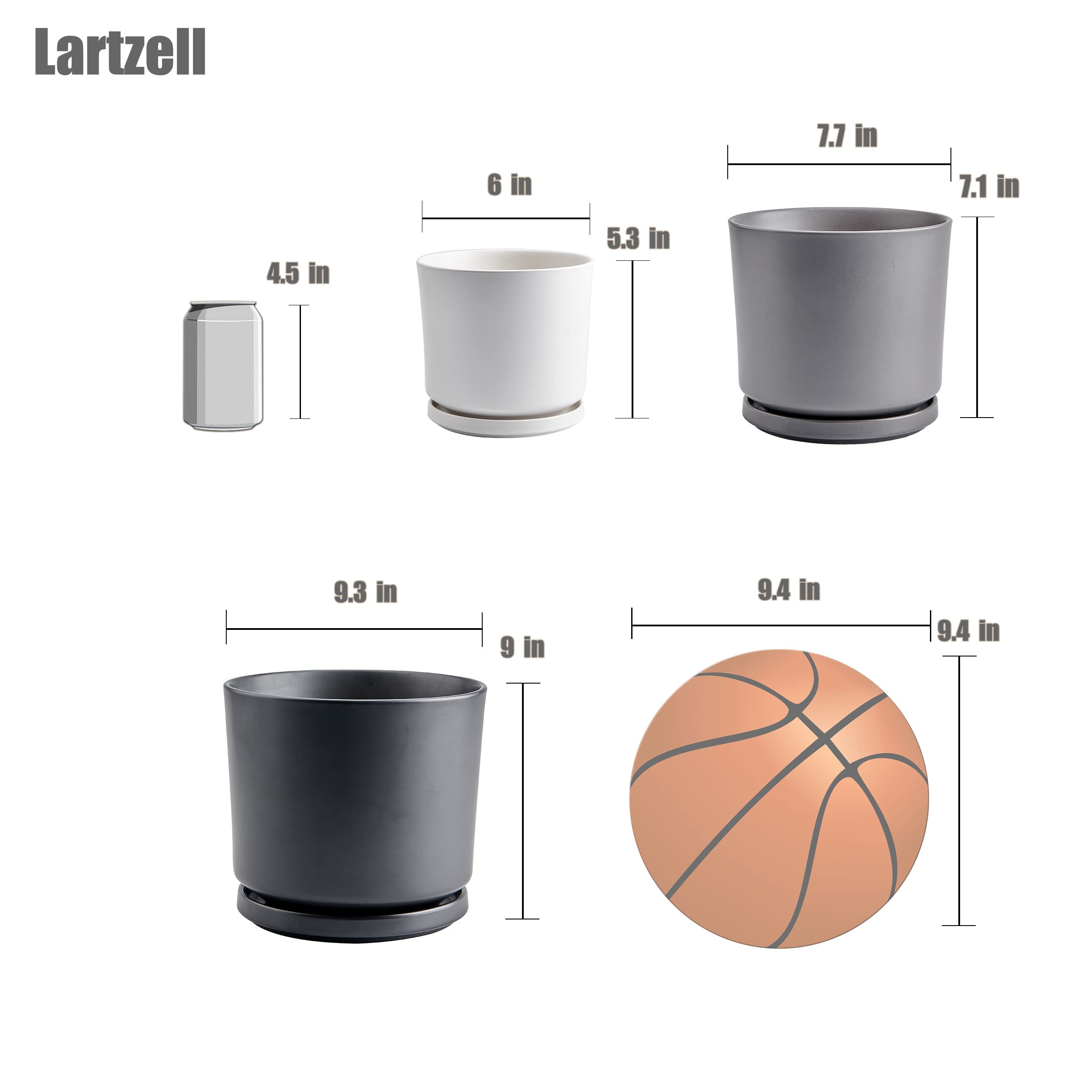 Vaso In Ceramica Lartzell 20 Cm Grigio Opaco Con Sottovaso - Per Piante Da Interno - Con Foro Di Drenaggio