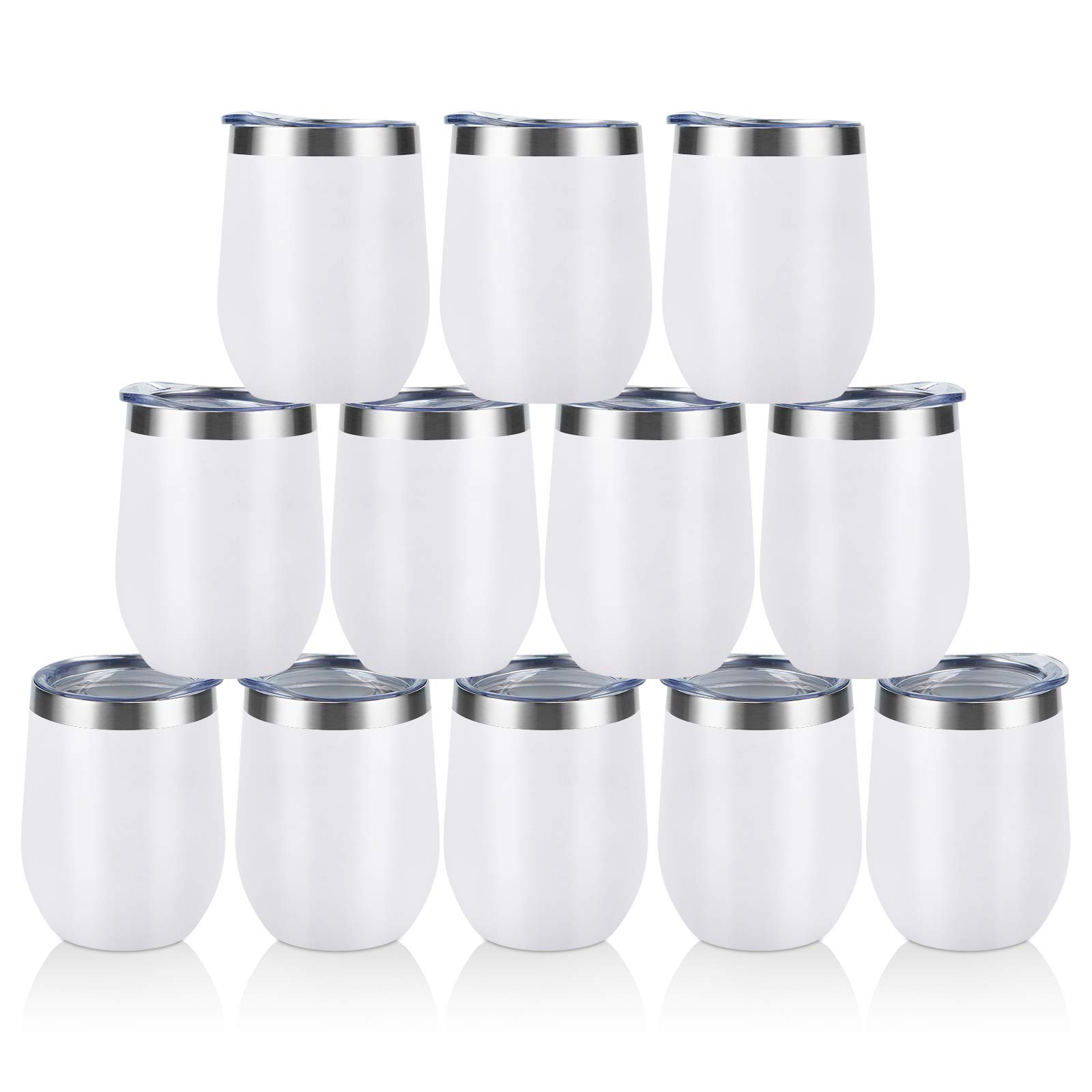 Weingläser aus Edelstahl, doppelwandig, vakuumisoliert, mit Deckel und Strohhalmen, 340 ml, für Kaffee, Wein, Cocktails, Champaign, Weiß, 12 Stück