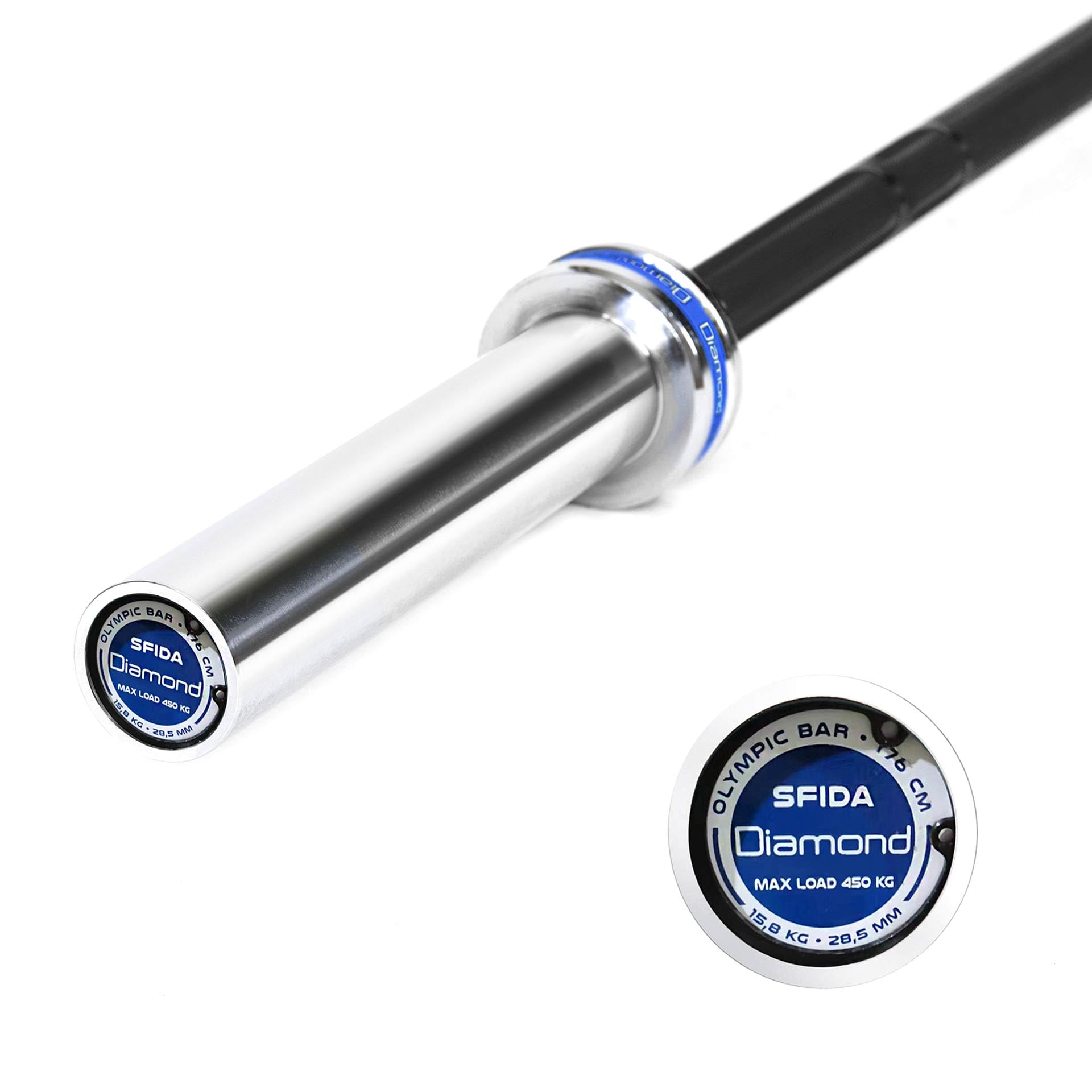 Diamond【Bilanciere Olimpico Sfida 176 cm Brunito】Per Dischi Foro 50 mm, 15,8 kg, Carico 450 kg, 4 Cuscinetti, Hard Chromed, Zigrinatura Antiscivolo, Cross Training e Powerlifting, Home Gym