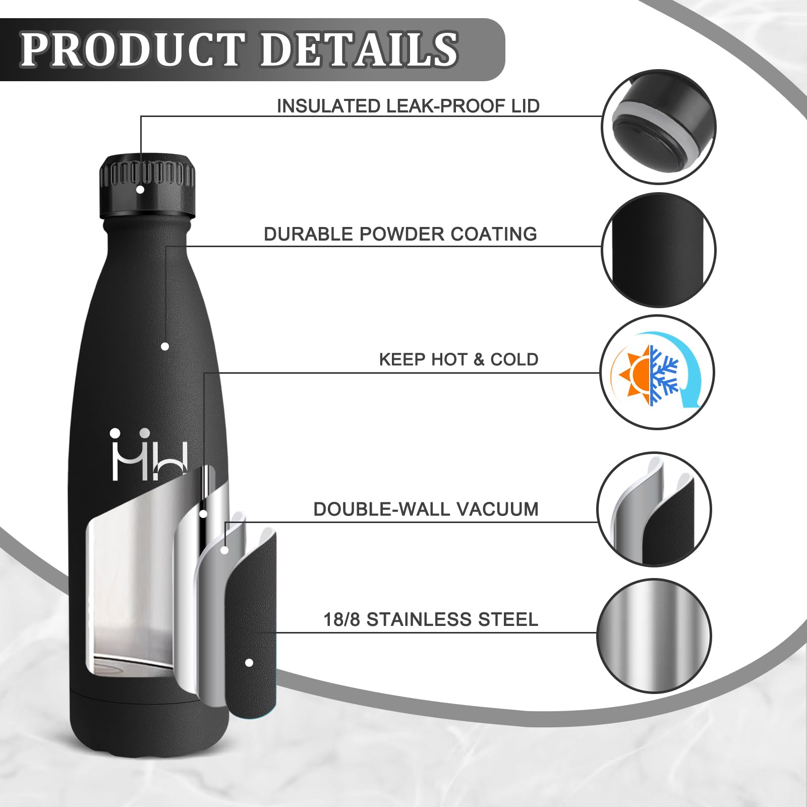 Borraccia Termica, Borraccia 500 ml, Borracce Acciaio Inox, Bottiglia Termica Senza Perdite, Mantiene Caldo per 12 Ore/Freddo 24 Ore, Borracce Termiche per Scuole, Viaggio, Palestra, Sportio