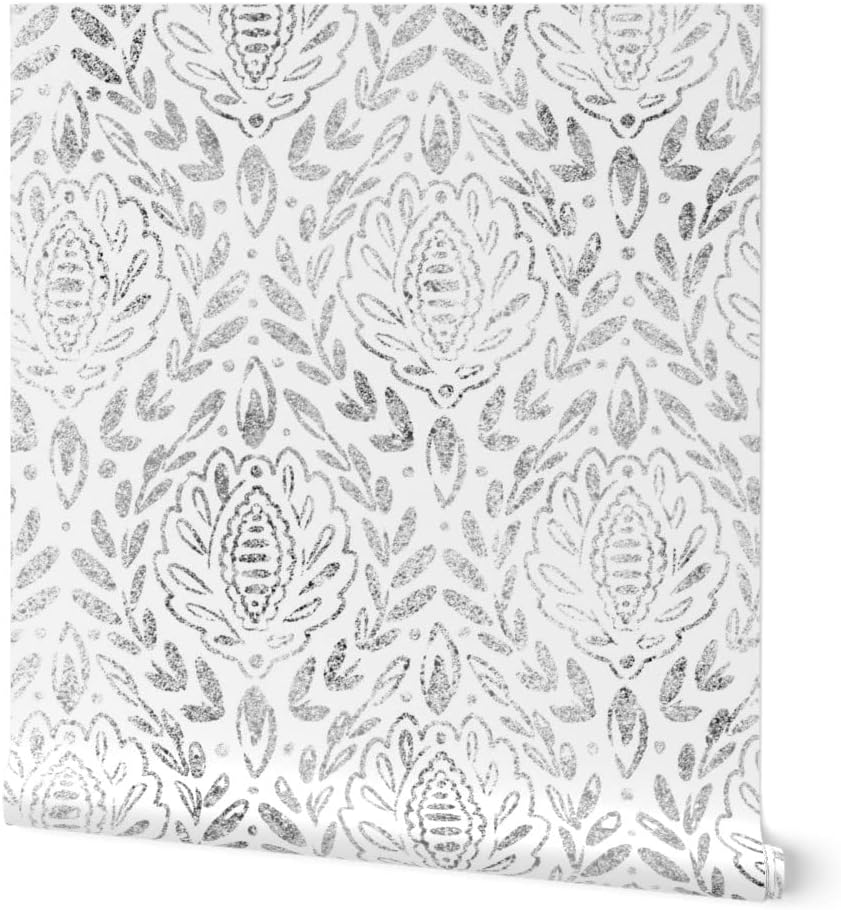 Removable Wallpaper 6ft x 2ft - Distressed Grey Damask Leaves Black White Gray Neutral Custom Pre-Pasted Wallpaper by Spoonflower