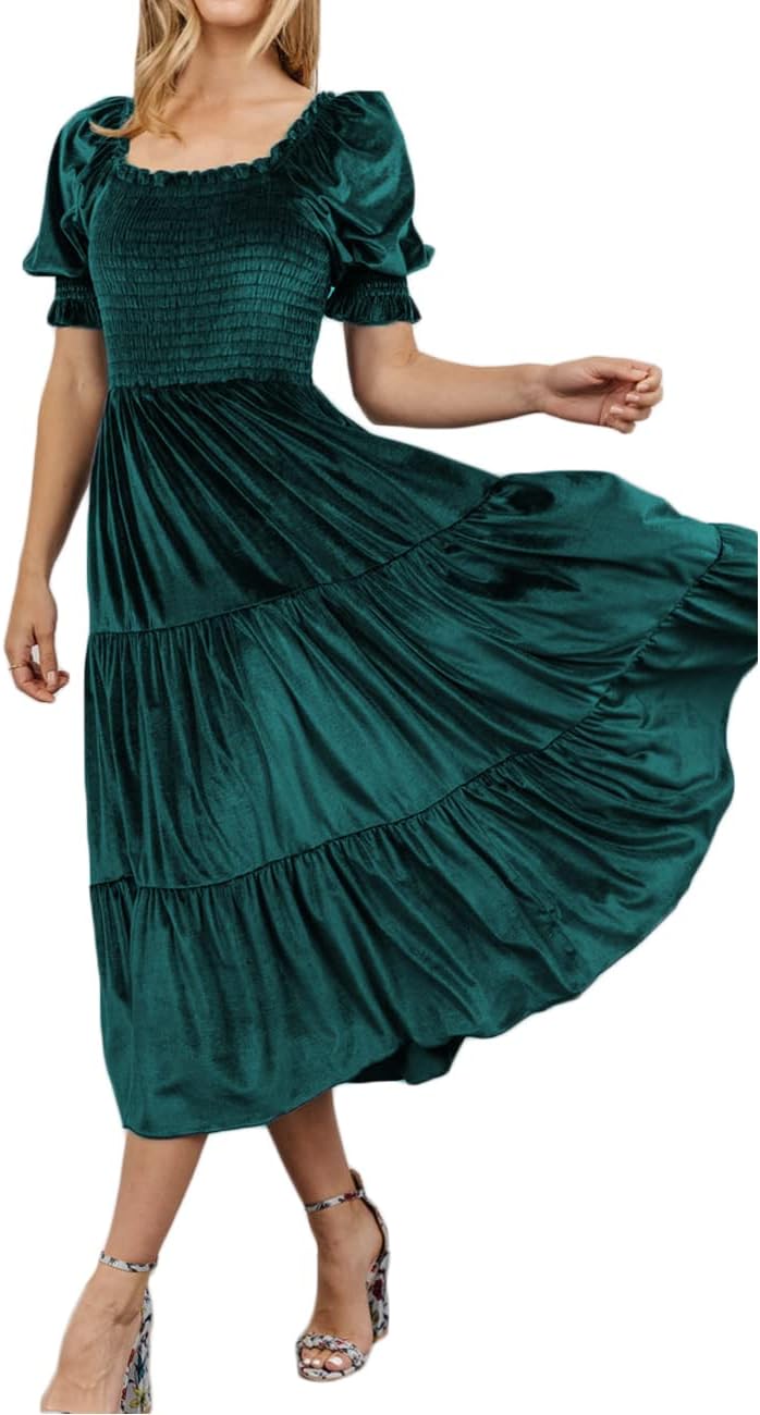 Smocked Velvet Midi Dress for Women 2022 Wedding Guest Vintage Elegant Square Neck Puff Sleeve A Line Maternity Long Dresses