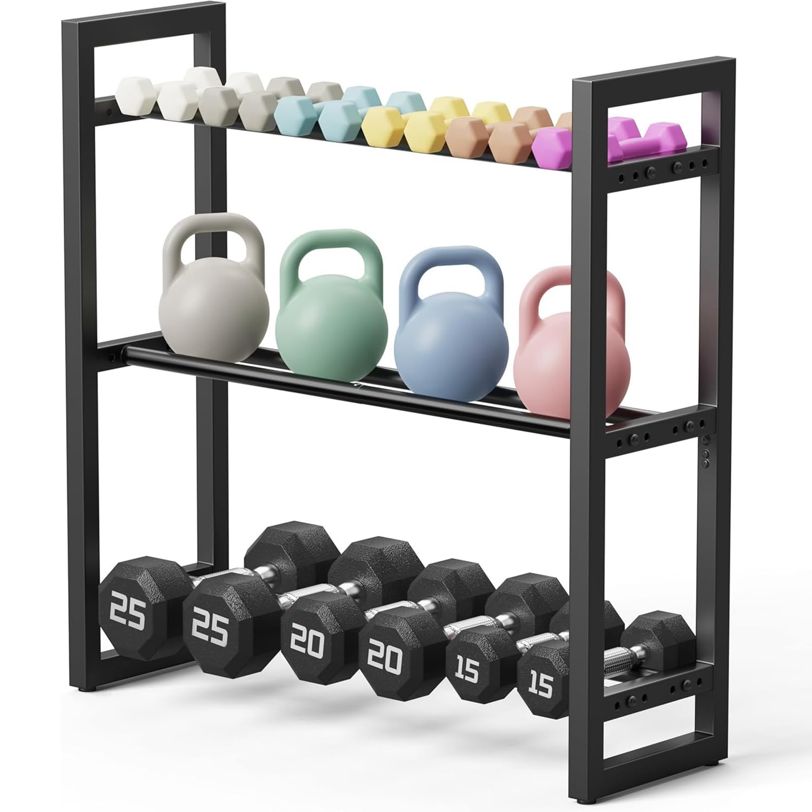 3-poziomowy metalowy stojak na hantle, oszczędność miejsca, przechowywanie hantli, kettlebellów, mat do jogi i piłek do ćwiczeń, wszechstronna domowa siłownia i półka treningowa