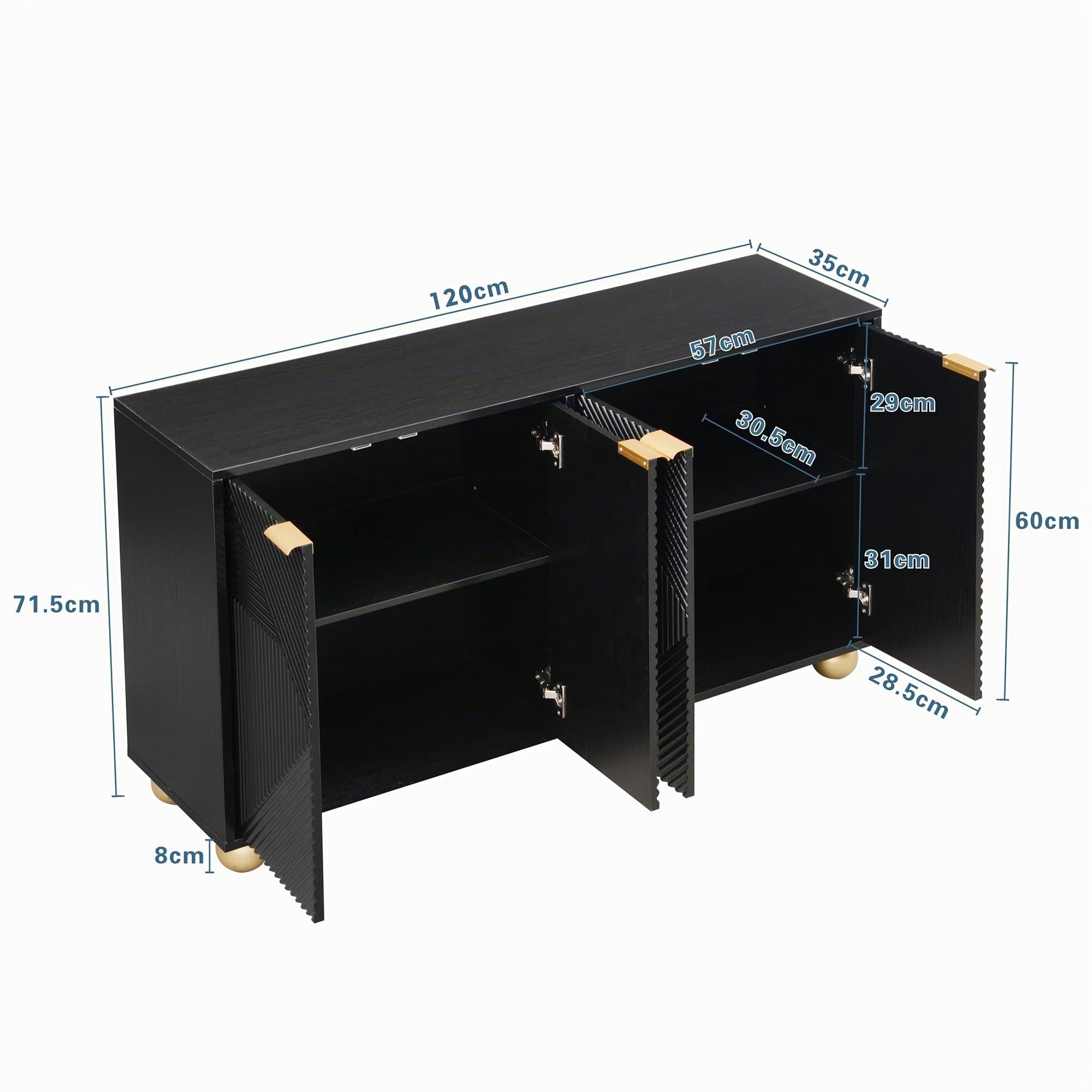 Aparador negro 120 x 35 x 71,5 cm con cuatro puertas moldeadas, estantes interiores ajustables, asas de metal y patas esféricas