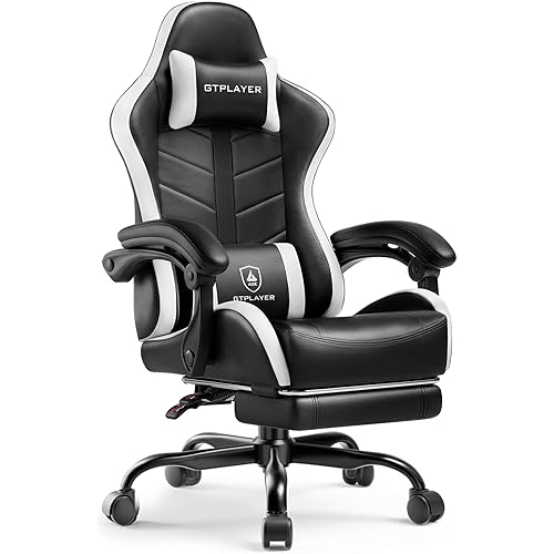 GTPLAYER Gaming Chair for Adults, Ergonomic Computer Gaming Chair with Footrest, Height Adjustable, 90-155° Recline & Removable Headrest Lumbar Support, Snow White