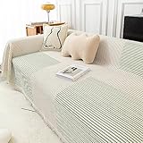 Homxi Funda Sofa Cheislonge 4 Plazas,180x360CM,Protector Funda Sofa Patrón de Rayas con Borlas Funda Sofa Algodón Verde Fundas para Sofás