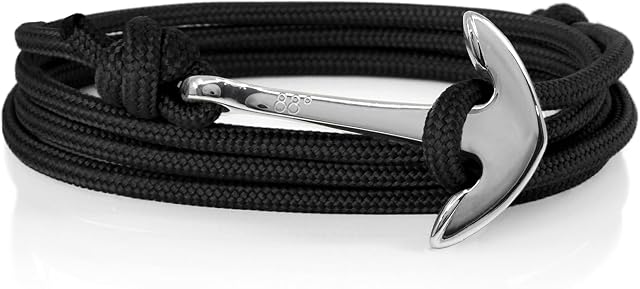 Black & Silver Anchor Rope Bracelet for Men & Women Made from Stainless Steel and Paracord, Adjustable, Handmade in The UK