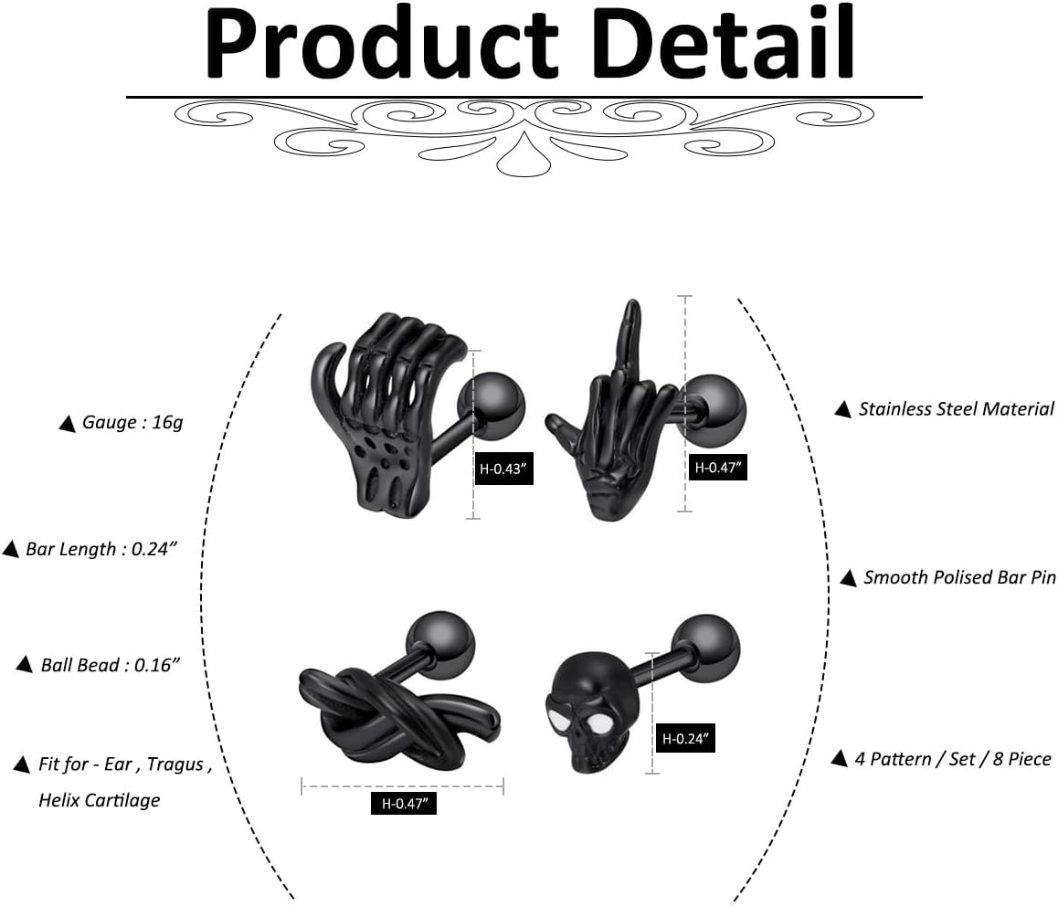 PiercingJ 4 Pairs 16G Punk Stud Skull Skeleton Hand Earrings for men Ear Lobe Cartilage Helix Studs Men Women Rock Gothic Piercing Earrings Jewelry