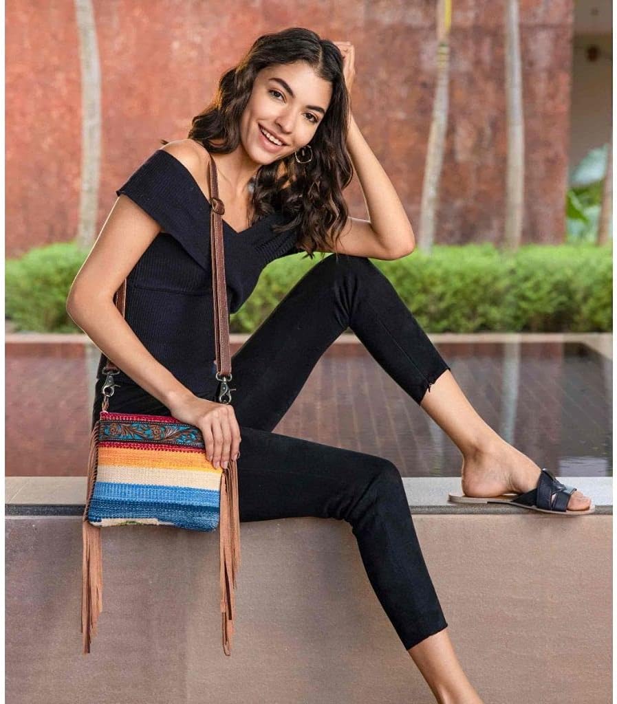 Myra Bag Etched Rainbow Hand-Tooled Bag Upcycled Cotton & Leather S-3077 - Image 2