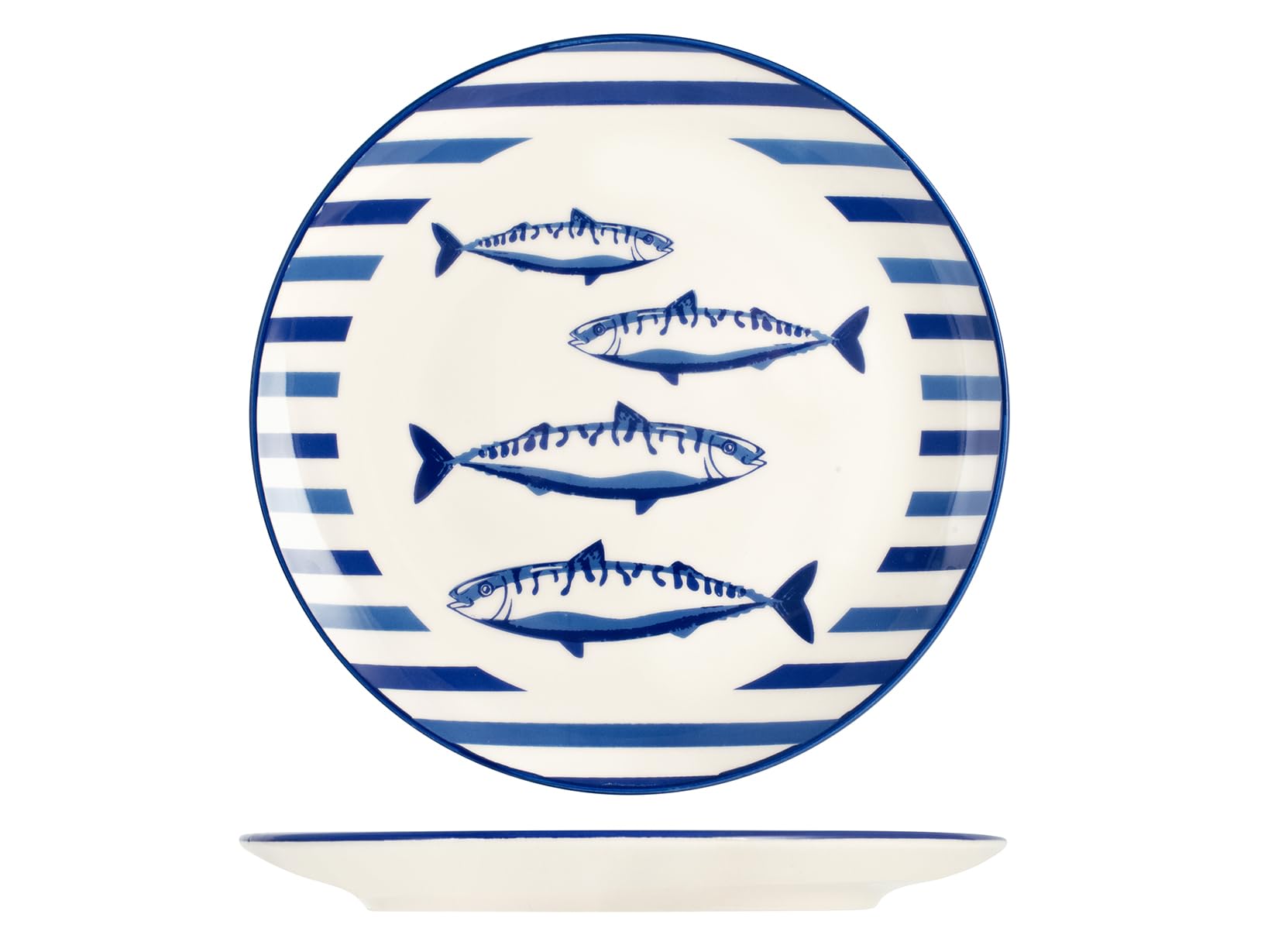 H&H Puerto Servizio Tavola 18 Pezzi in Stoneware – Set Piatti Decorati Blu e Azzurro con Motivo Pesce – Lavabile in Lavastoviglie, Perfetto per Estate, Case al Mare e Cene a Tema