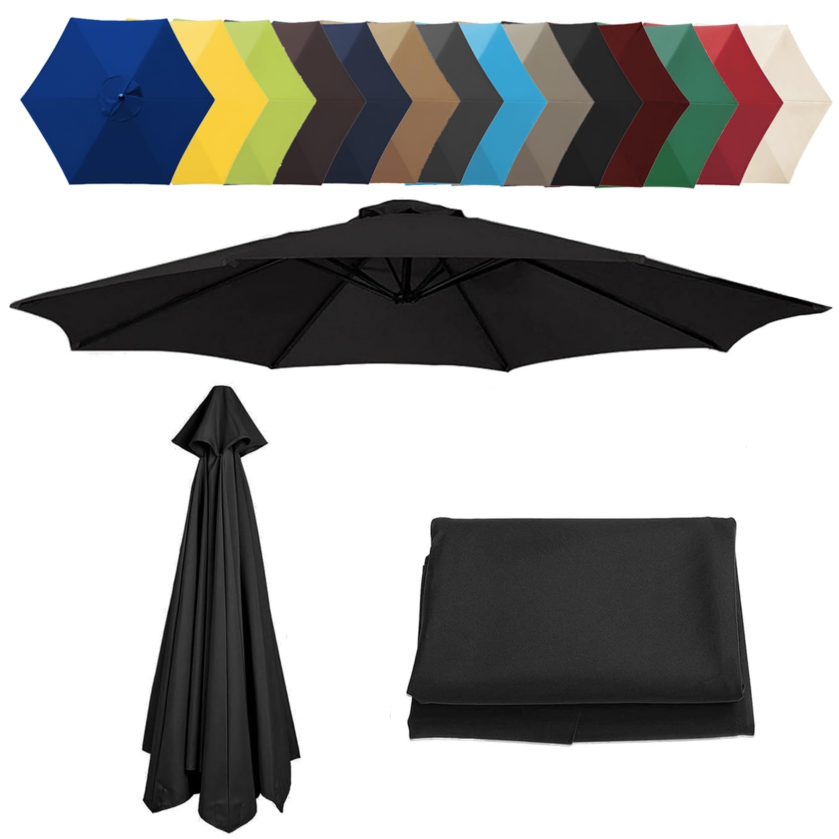 6.5'/8.8'/9.8'(200cm/2.7m/300cm) Replacement Parasol Fabric Cover, 6 8 Ribs Anti-Ultraviolet Patio Umbrella Replacement Cloth, Garden Parasol Umbrella UV50+ Polyester Canopy(Color:Black,Size:6 ribs-2m