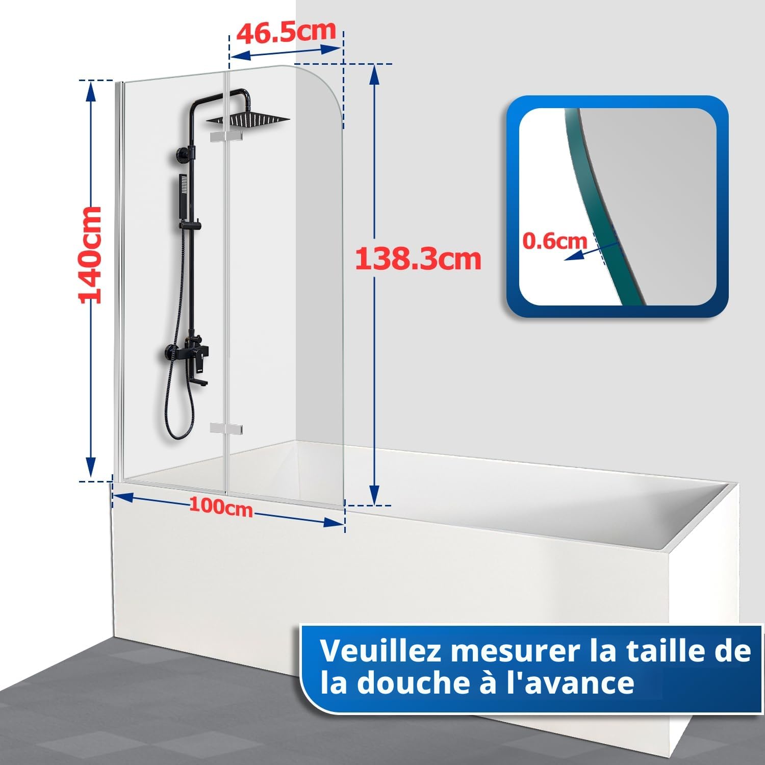 Daromigo Paroi de douche pour baignoire, 100 x 140 cm, 2 volets, pliable, avec verre de sécurité monobloc de 6 mm, couleur : argent transparent