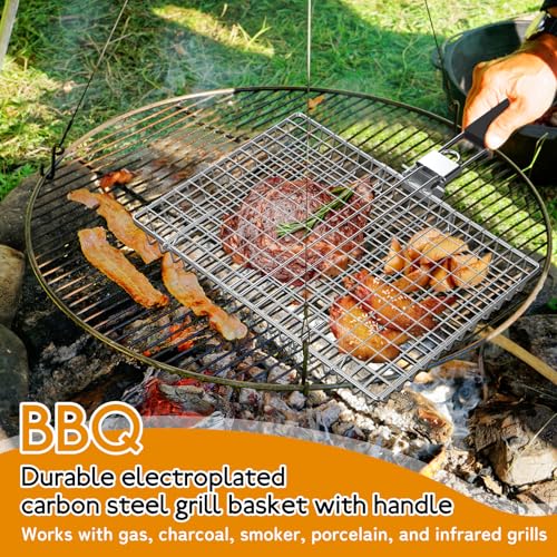 Grillkorb Fischbräter, Fisch Grillhalter, Faltbare BBQ Grill Mesh Klemme mit abnehmbarem Griff, Tragbarer Fischgrillgitter für Fisch, Steak, Garnelen, mit Oxford-Tasche & 1 Wollbürste mit Holzgriff