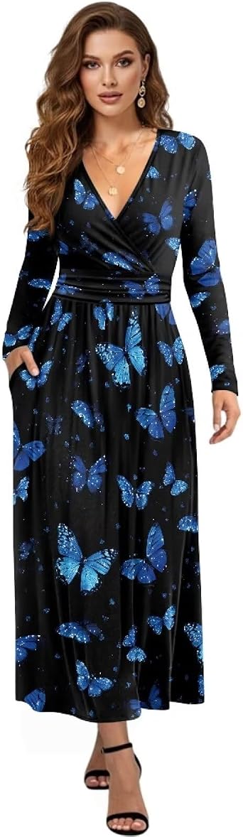 Women Fall Casual Long Sleeve V Neck Sundress A-line Pleated Flowy Maxi Party Dress with Pockets