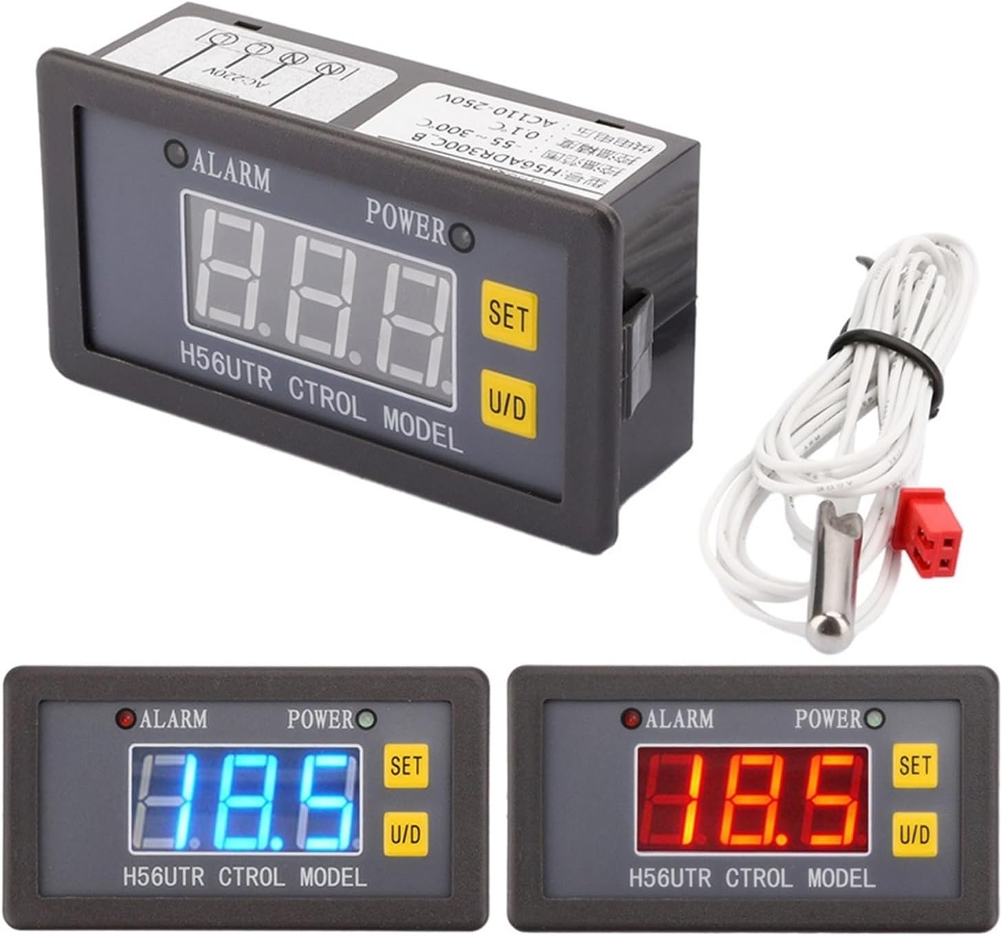 1pc H56TR Digital Temperature Controller LED Display Thermostat with Heat/Cooling Control Instrument AC220V DC12/24V with NTC Probe(Red AC220V 10A)