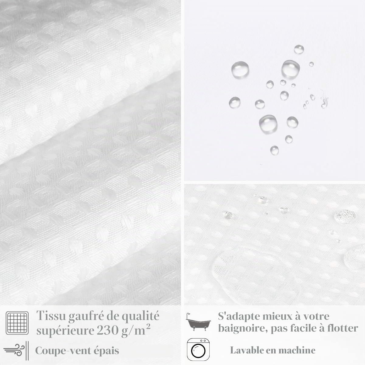 Rideau de Douche Extra Long en Tissu gaufré sans Crochet avec Doublure Amovible en Polyester 100% étanche 71" * 79"（180cm*200cm Blanc