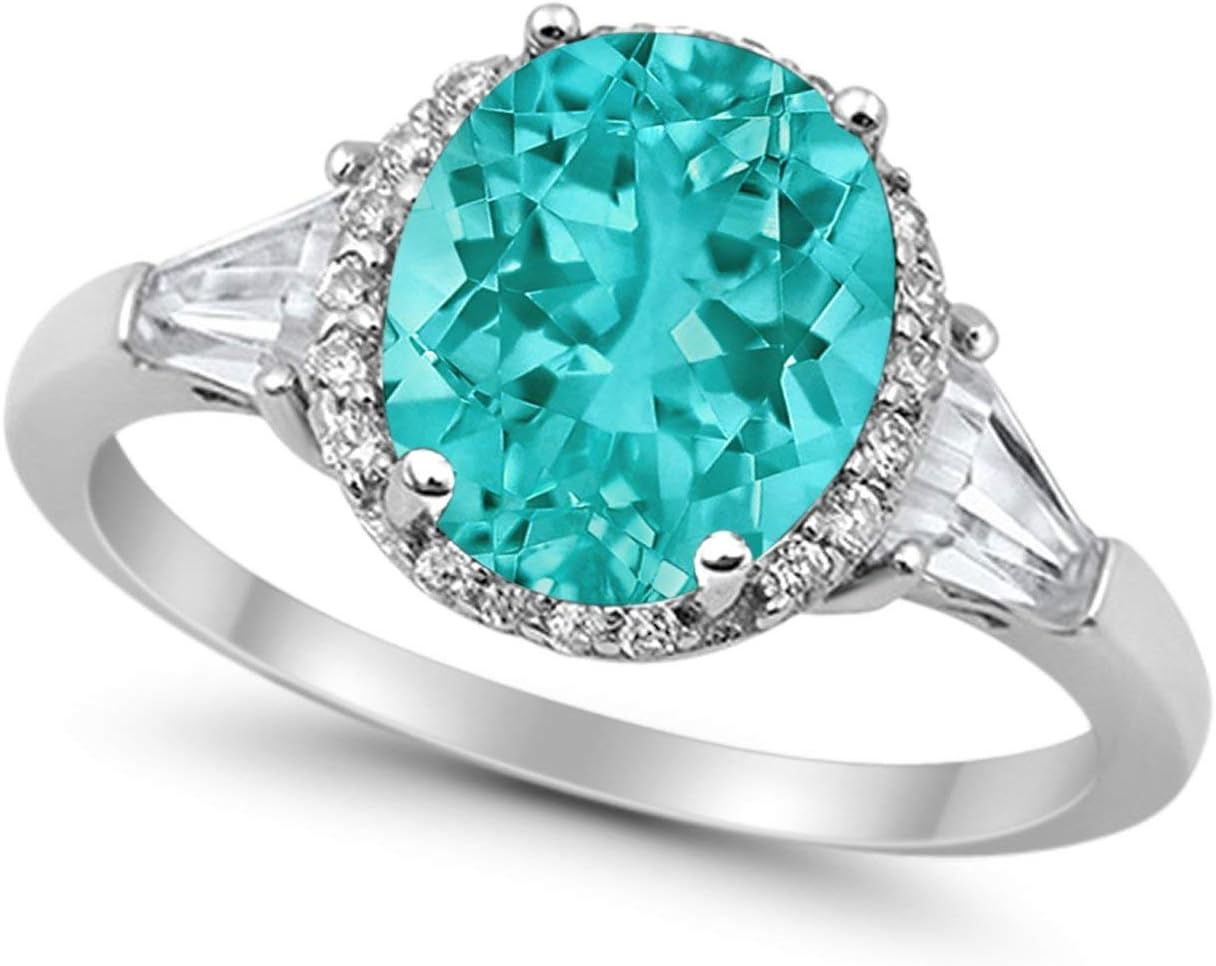 Blue Apple Co. Art Deco Ring 12mm Oval Shaped Cubic Zirconia Halo Vintage Style Baguette Stone Cocktail Rings Statement Wedding Engagement Rings For Women 925 Sterling Silver Gifts For Her