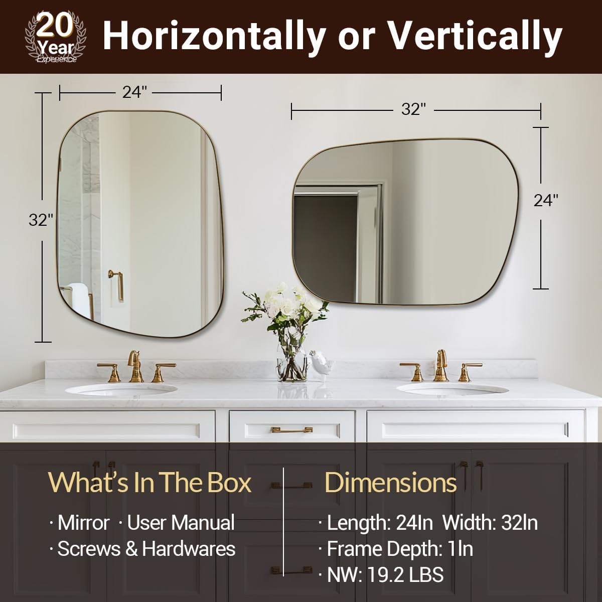 ANDY STAR Gold Bathroom Mirror, 24"x32" Brushed Brass Asymmetrical Wall Mirror in Stainless Steel Metal Frame, Unique Vanity Mirror with Modern Curved Design, Ideal for Bathroom, Bedroom, Entryway Brushed Gold 32"L x 24"W