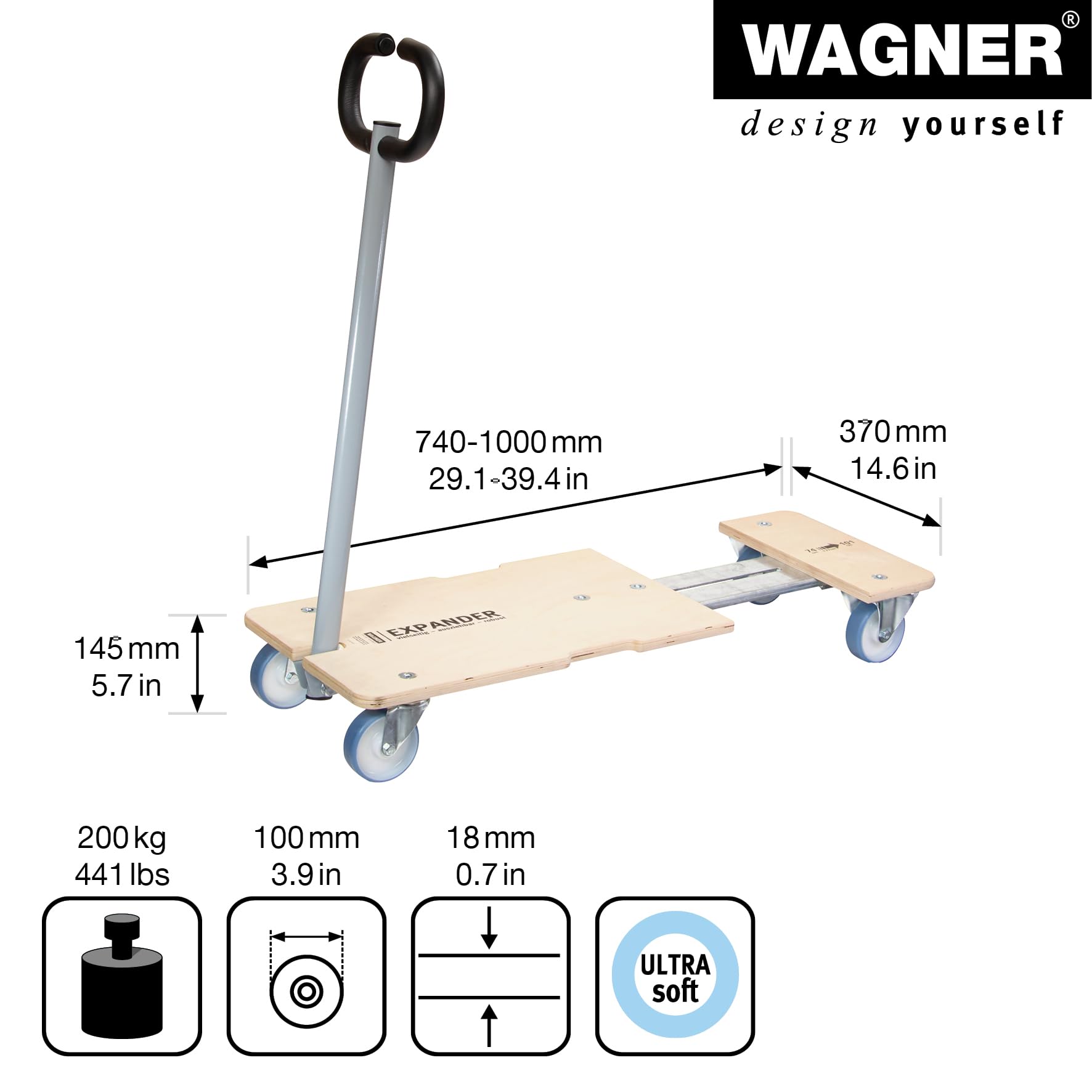 WAGNER Transportroller Transporthilfe 1333 I Schichtholz 59-86 x 49 x 11 cm, Tragkraft 200 kg I Möbelroller ausziehbar für Umzug I Schwerlastrollbrett I Lastenroller mit Tragegriff I FSC® I Made in DE