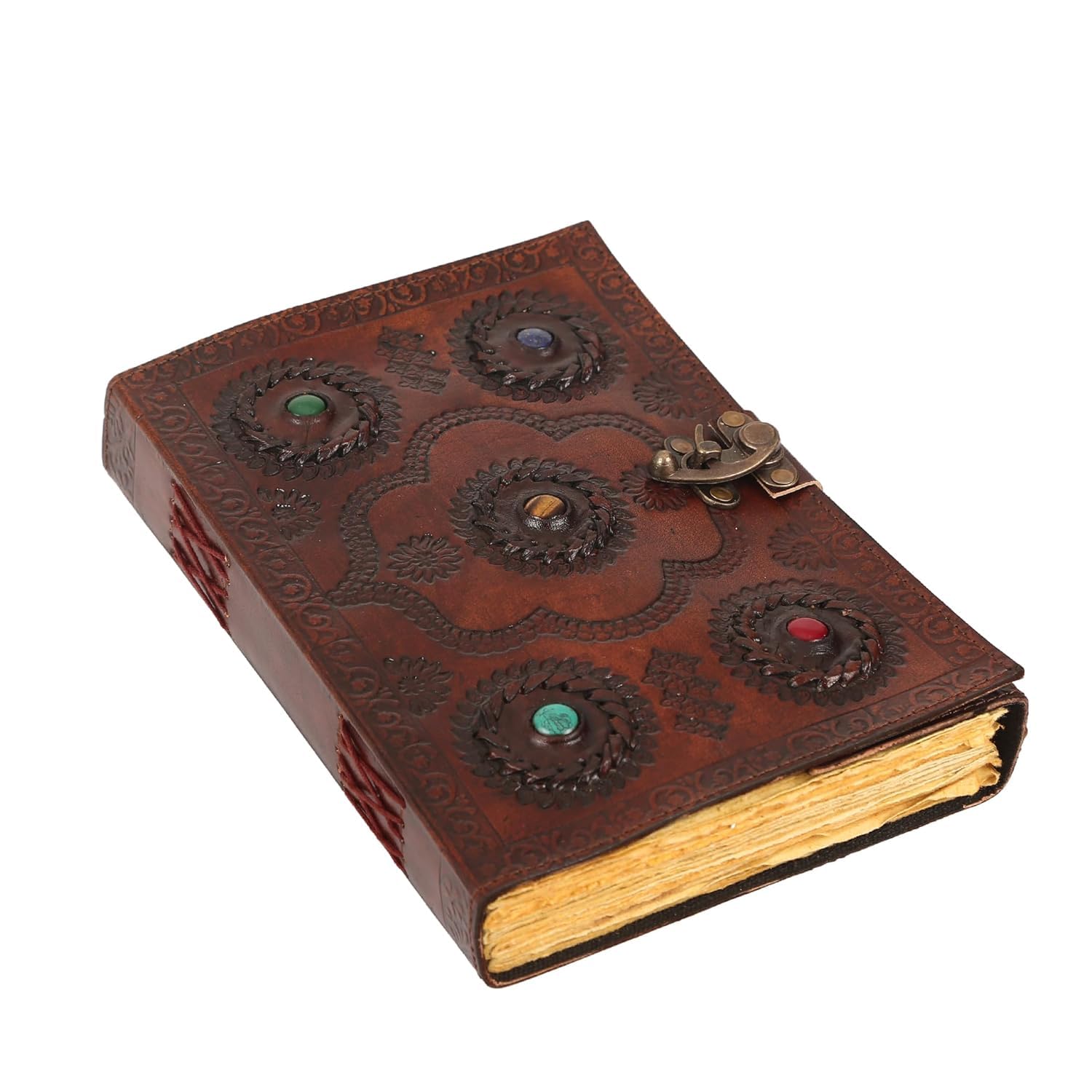 ANANYOM Handcrafted Leather Journal for Writing 5 Stone 10x7 inches Hand Embossed Design 200 Pages,Sketchbook with Brass Clasp Lock