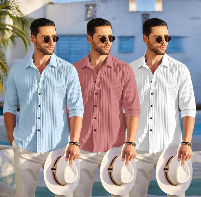 Image of FINIVO FASHION Combo of Men's Casual Cotton Plain Button Down Shirt Long Sleeve Textured Summer Beach Shirt for Men Pack of 3