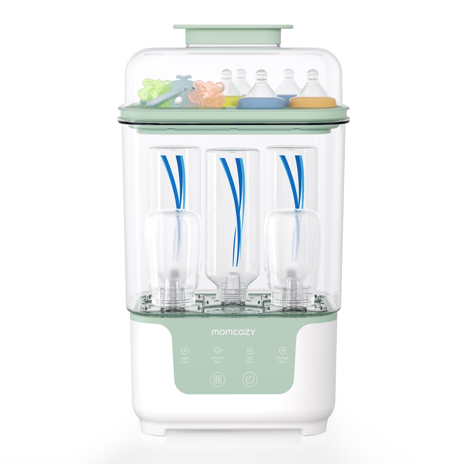 Momcozy Sterilizzatore e Asciugatrice per Biberon, Capacità 6 Biberon, Sterilizzatore Compatto 4 in 1 per Biberon, Parti per Tiralatte e Articoli Essenziali per Neonati, Stendibiancheria Incluso