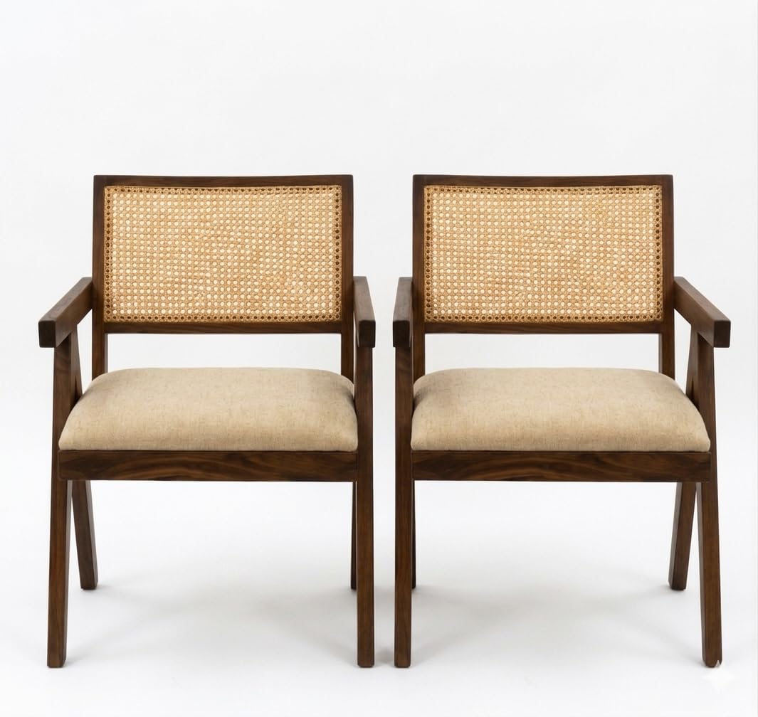 WELL KNOWN | Solid Sheesham Wood Rattan Armchair | Walnut Finish, Cane Back & Cream Upholstery | Mid-Century Modern Accent Chair for Living/Dining Room (Pair of 2, Teak Finish)-image-32