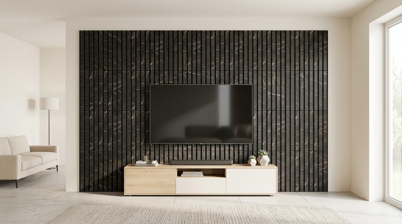 BD ART Panneaux Acoustiques 50x50 cm – Fabriqué en Pologne – Effet Marbre – Revêtement Mural Intérieur – Panneaux Muraux Aspect Bois – Panneaux 3D à Lames – Set de 4 Pièces