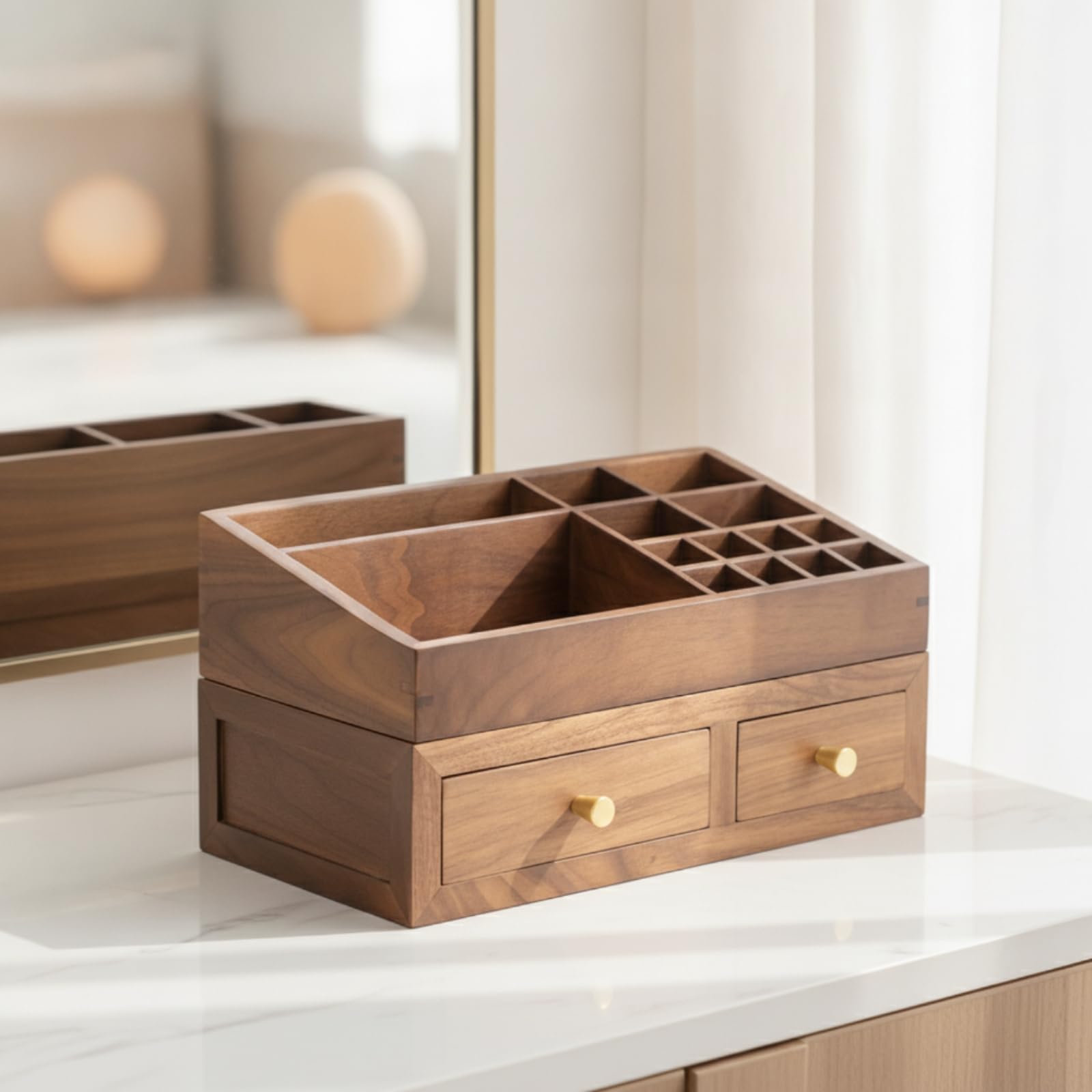 Armario de Cosméticos Organizador Caja Tocador Cajón Madera Latón con Compartimentos y Diseño Compacto Adecuado para Dormitorio Tocador Oficina