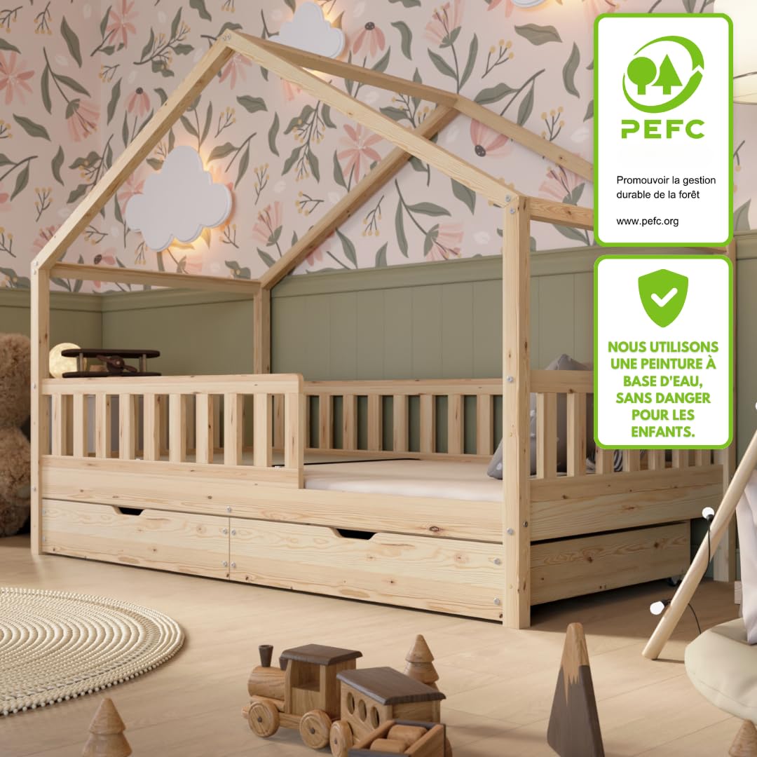Lit Cabane avec Tiroirs 190x90 cm – Lit Enfant en Bois Naturel avec Barrière – Montessori au Sol avec Espace de Rangement Supplémentaire et Barrière Amovible - Crazy House
