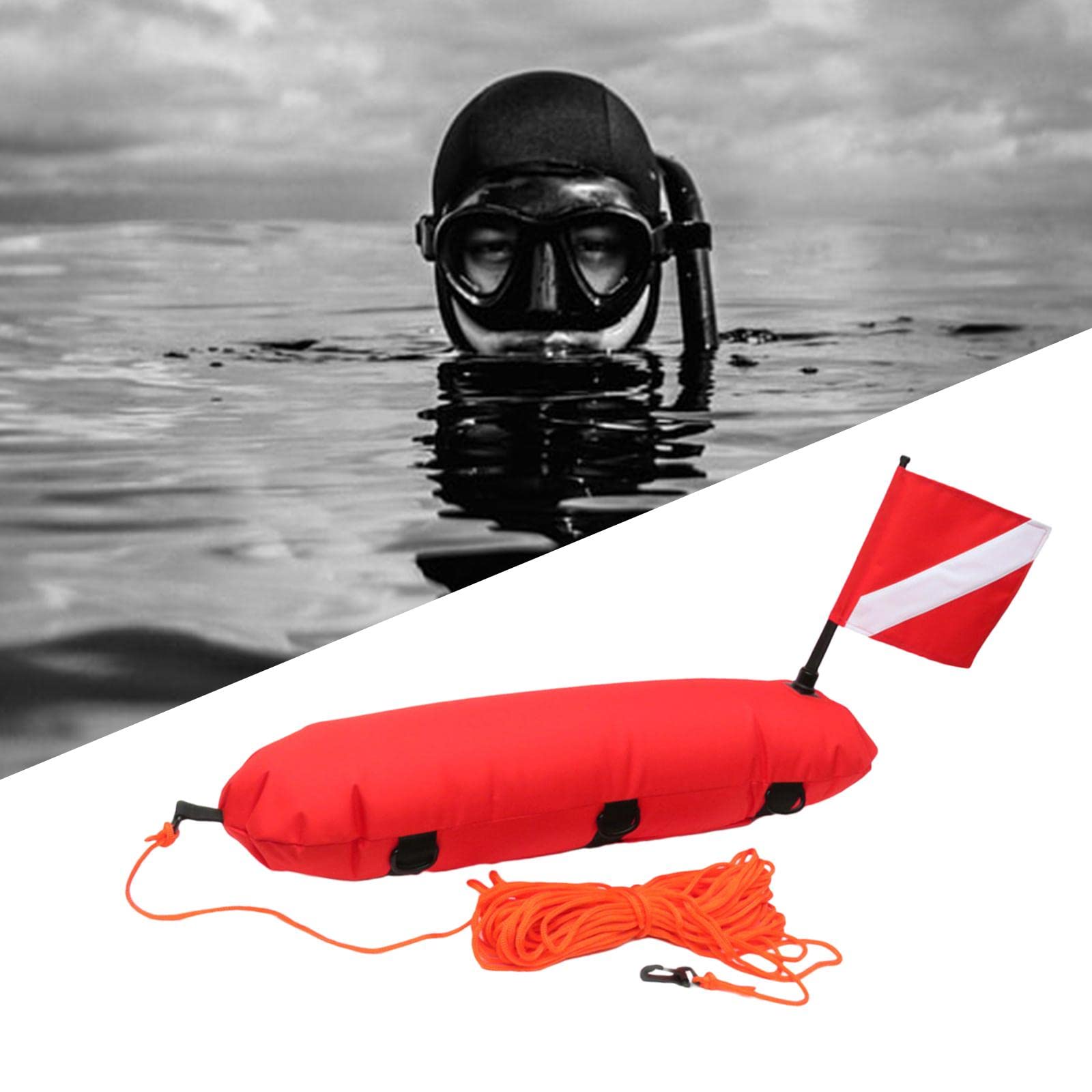 1 Set di Boa Galleggiante di Segnalazione per Immersioni Subacquee E Pesca Subacquea Gonfiabile + Bandiera Subacquea + Corda in Poliestere da 25 M/80