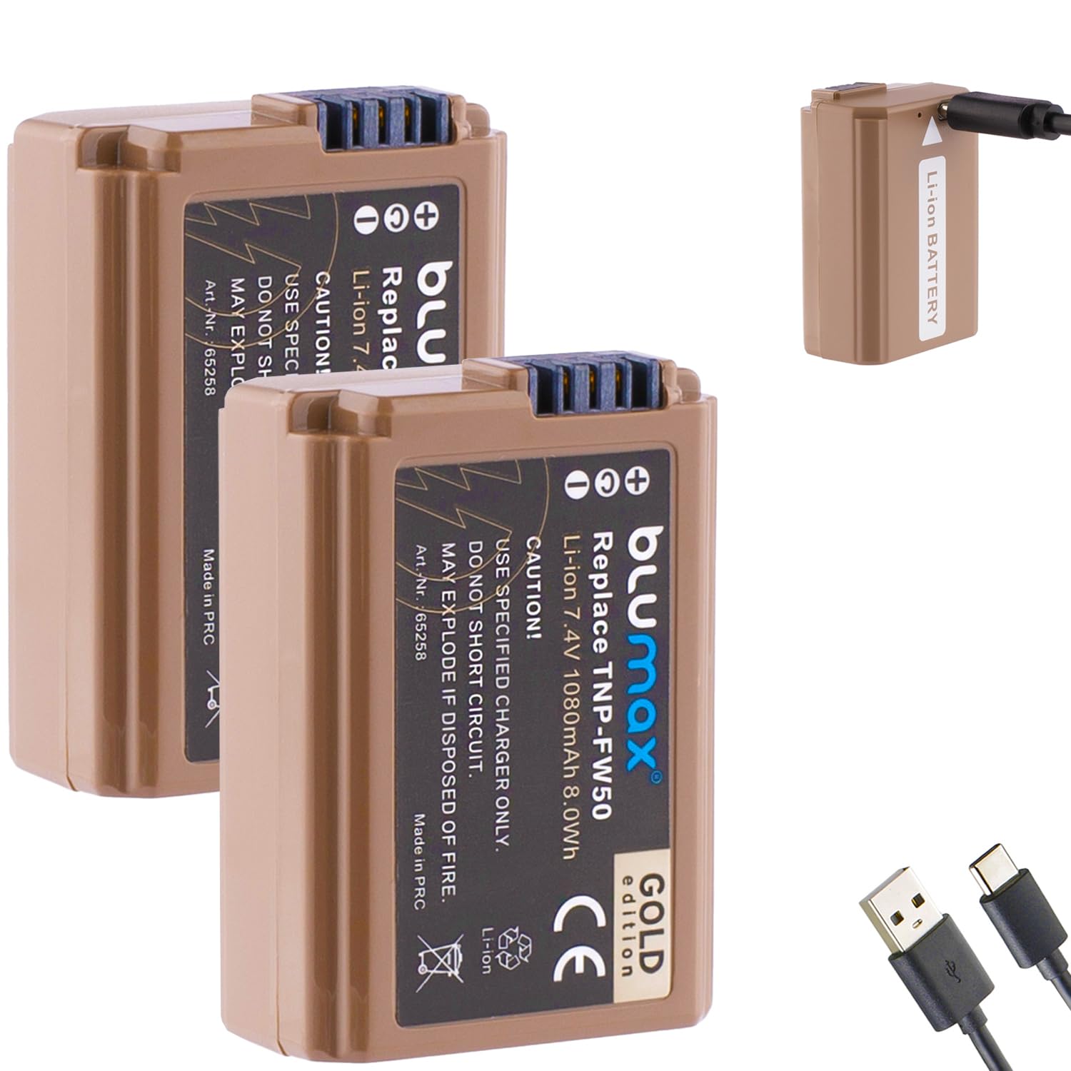 Blumax Lot de 2 batteries compatibles avec Sony NP-FW50, 1080 mAh, avec port de charge USB de type C, pour Sony, Alpha, 7II, 7S, II, 6500, CyberShot DSC RX10 IV/ZV-E10