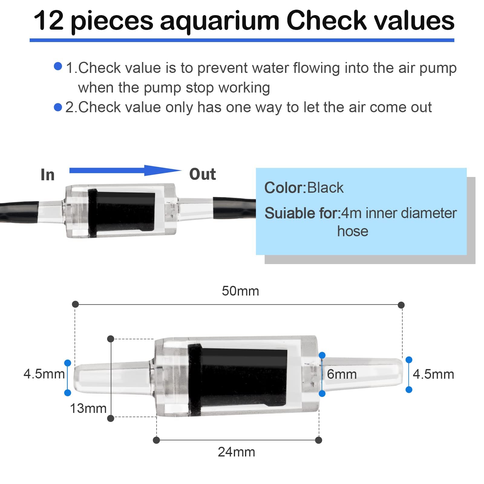 NestBasics Tubo de aire para acuario de 100 pies, color negro, 12 piedras de aire para acuario, 12 comprobaciones de valor para pecera, 12 ventosas de acuario, 6 controladores de aire de acuario y