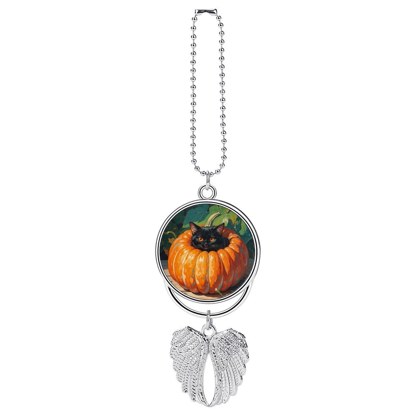 Retro Black Cat Pumpkin Guardian Angel Wing Car Ornament for Mirror, Zinc Alloy Hanging Charm with Spiritual Design for Protection, Rearview Mirror Accessory Decor Gift for Women Men(Silver)