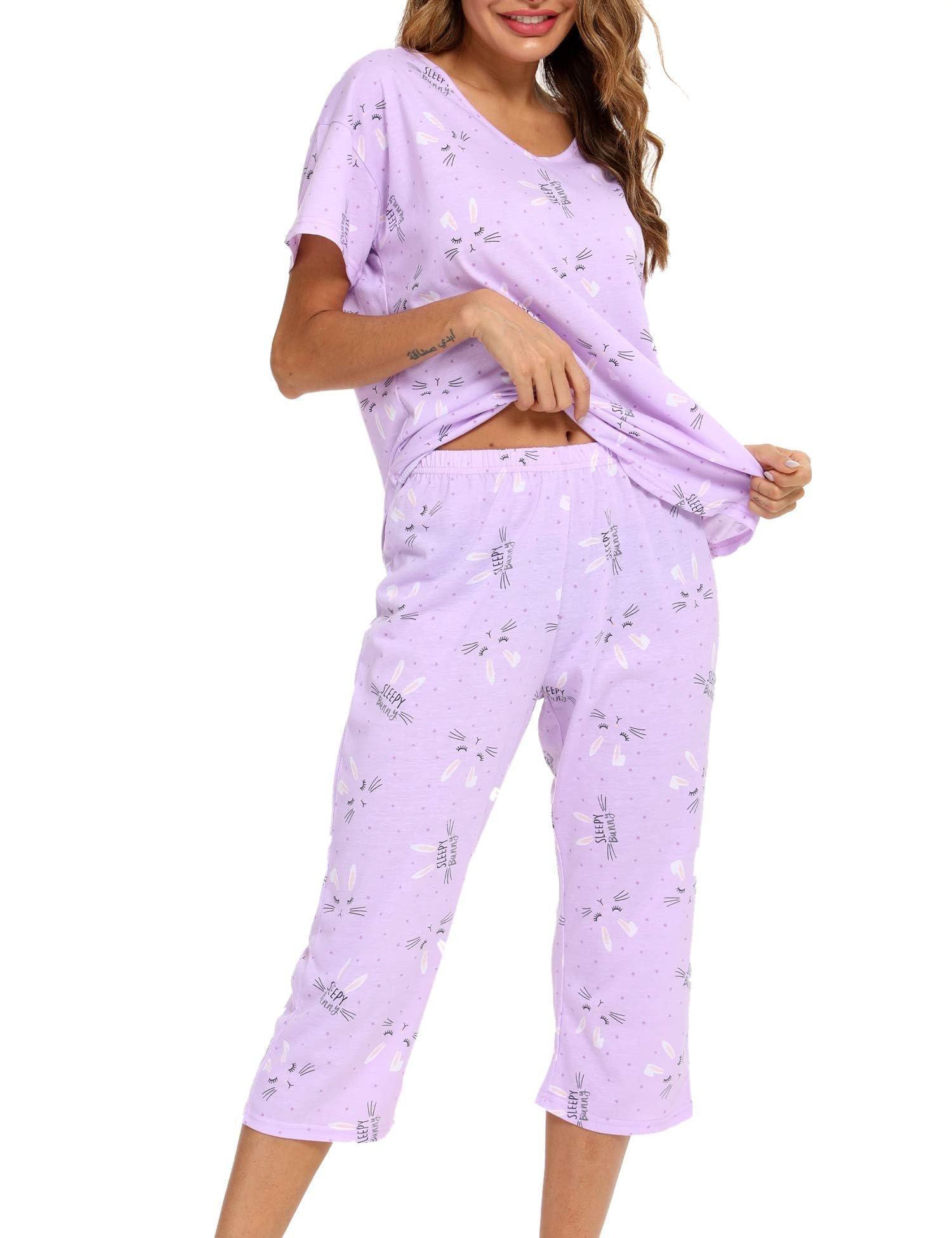 ENJOYNIGHT Schlafanzug Damen Kurzarm Pyjama Set Baumwolle Nachtwäsche | Zweiteiliger Sommer Hausanzug, Weiches Leichtes Material, Modischer V-Ausschnitt, Lockere Passform