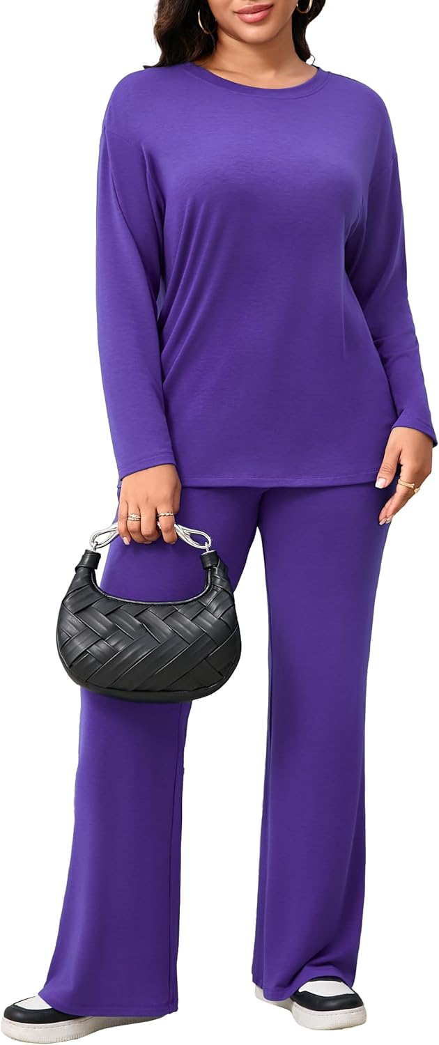 CLOCOR Womens 2 Piece Outfits Sweatsuits - Tracksuit Set Long Sleeve Crop Top & Drawstring Wide Leg Pants with Pockets