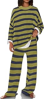 Womens Striped Set Sweater Lounge Sets Matching Fall Outfits Long Sleeve Tops and Pants with Pockets